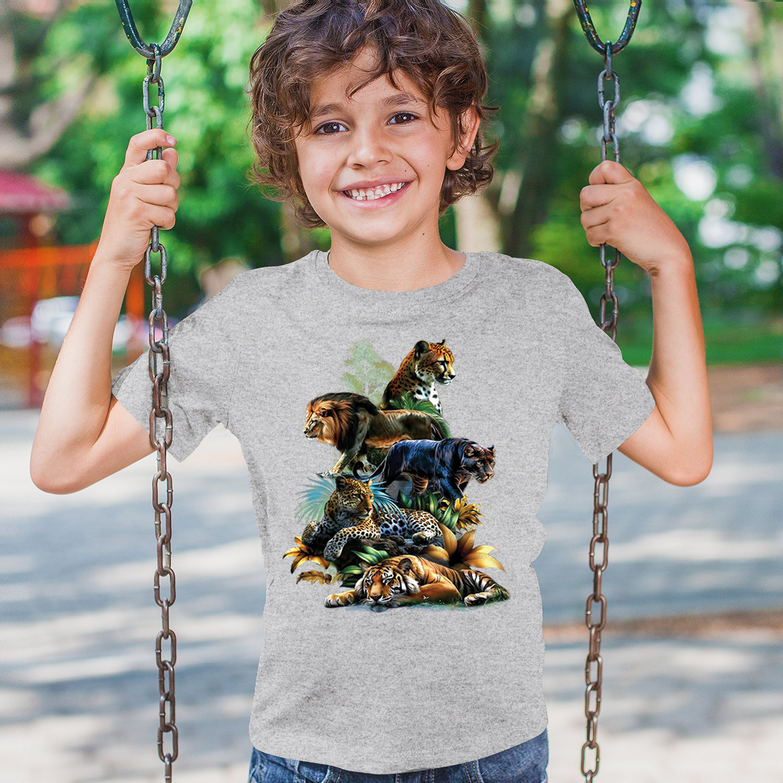 Big Cats Jungle Collage Youth T-shirt Lion Tiger Leopard Animal Jaguar Kids - Picture 12 of 50