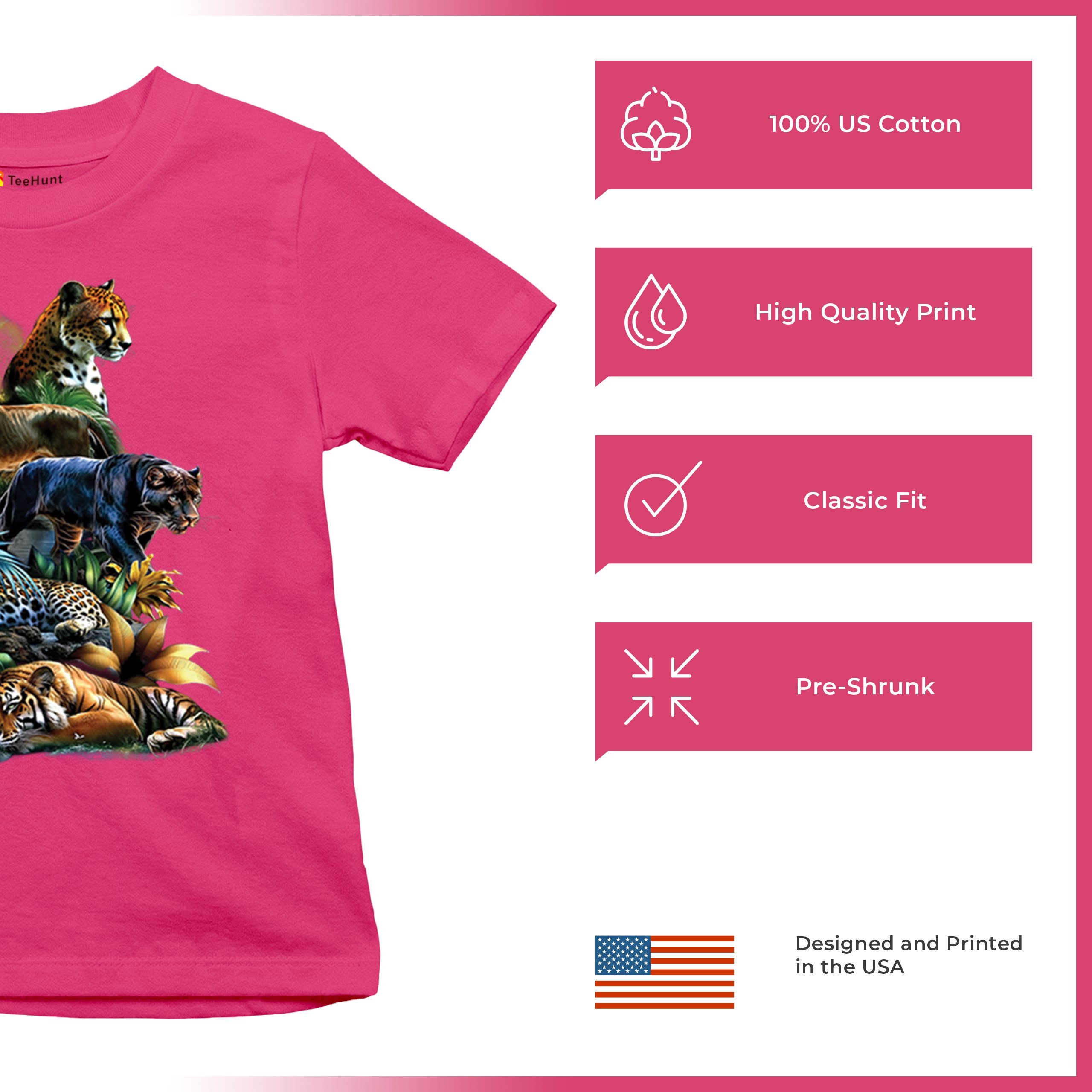 Big Cats Jungle Collage Youth T-shirt Lion Tiger Leopard Animal Jaguar Kids - Picture 49 of 50