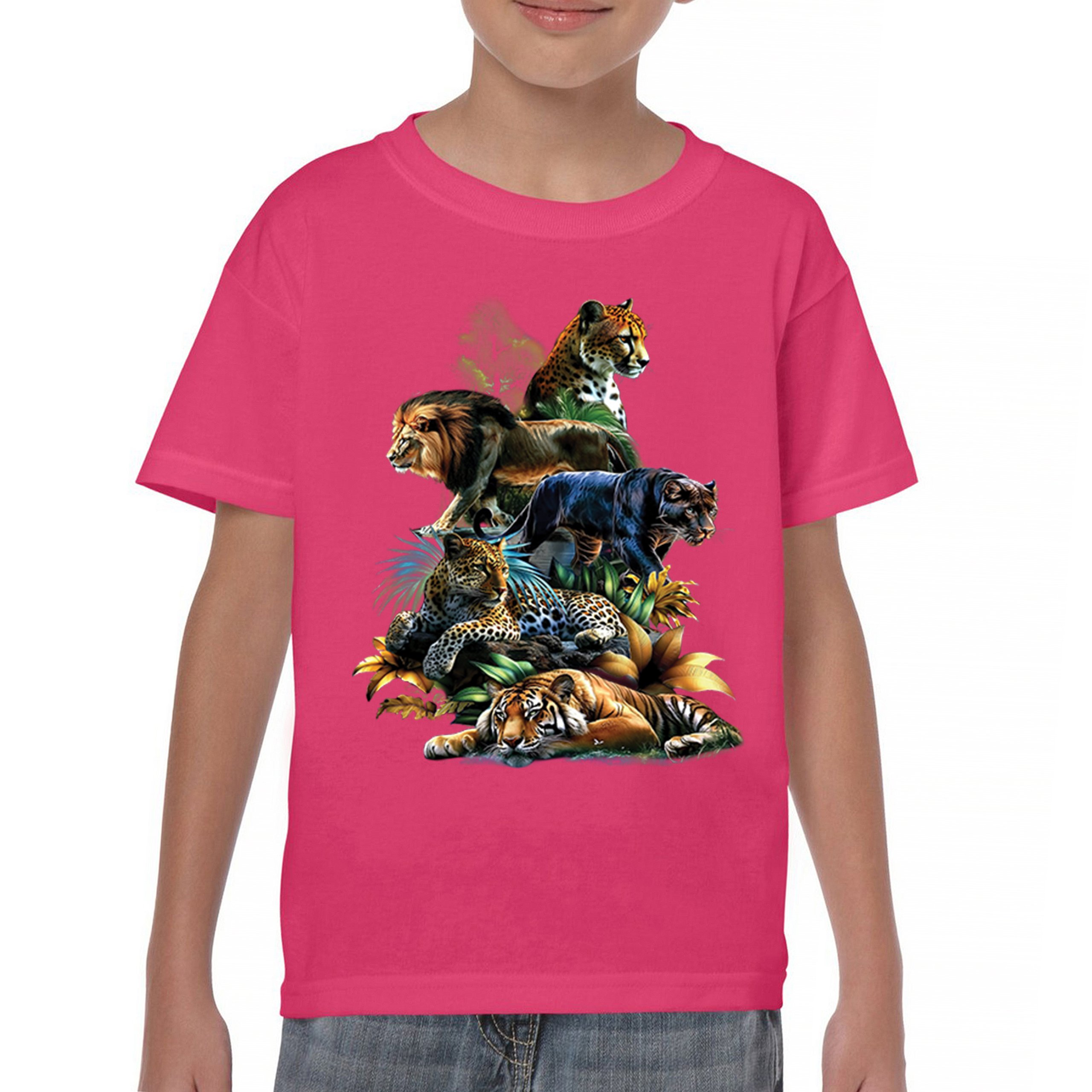 Big Cats Jungle Collage Youth T-shirt Lion Tiger Leopard Animal Jaguar Kids - Picture 44 of 50