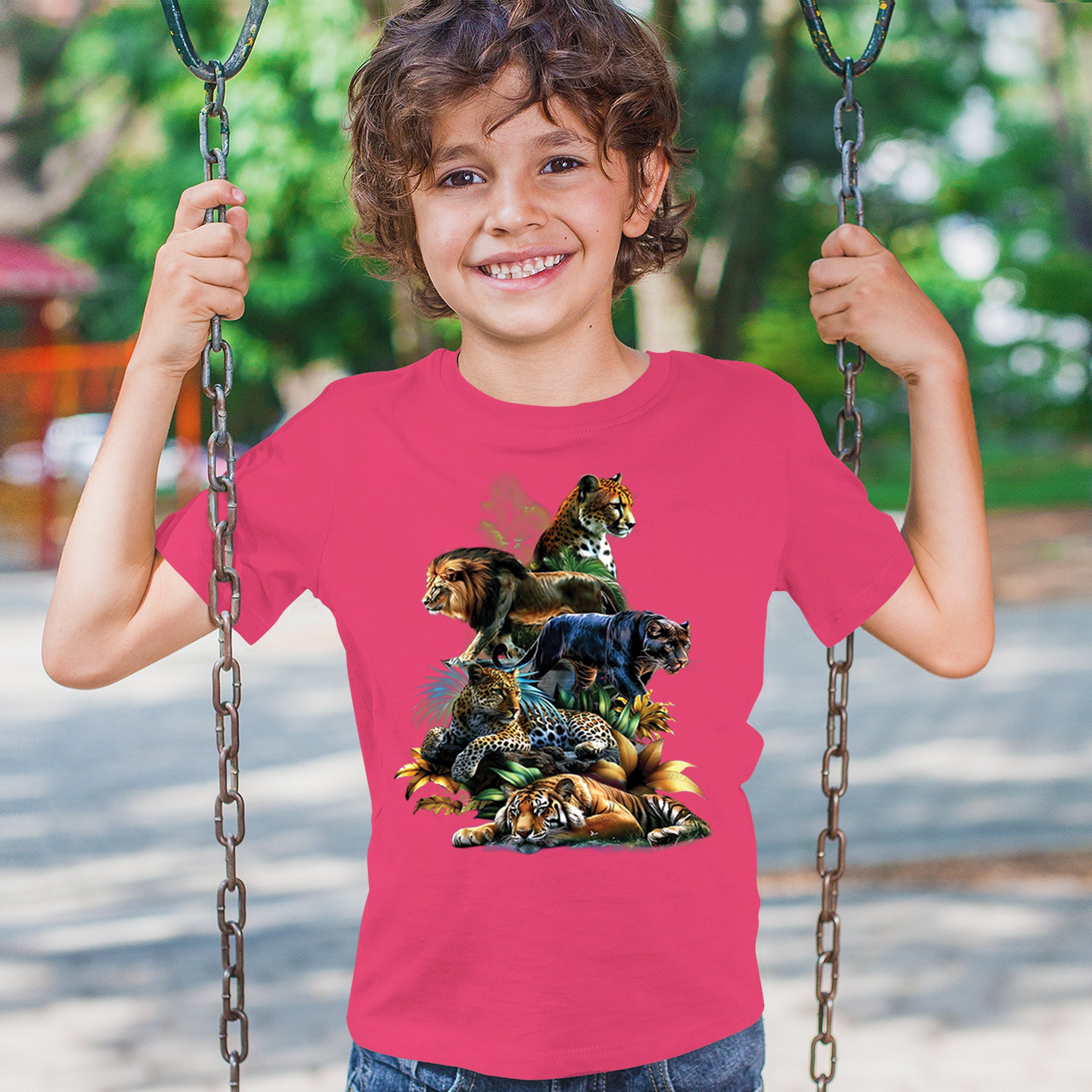 Big Cats Jungle Collage Youth T-shirt Lion Tiger Leopard Animal Jaguar Kids - Picture 47 of 50