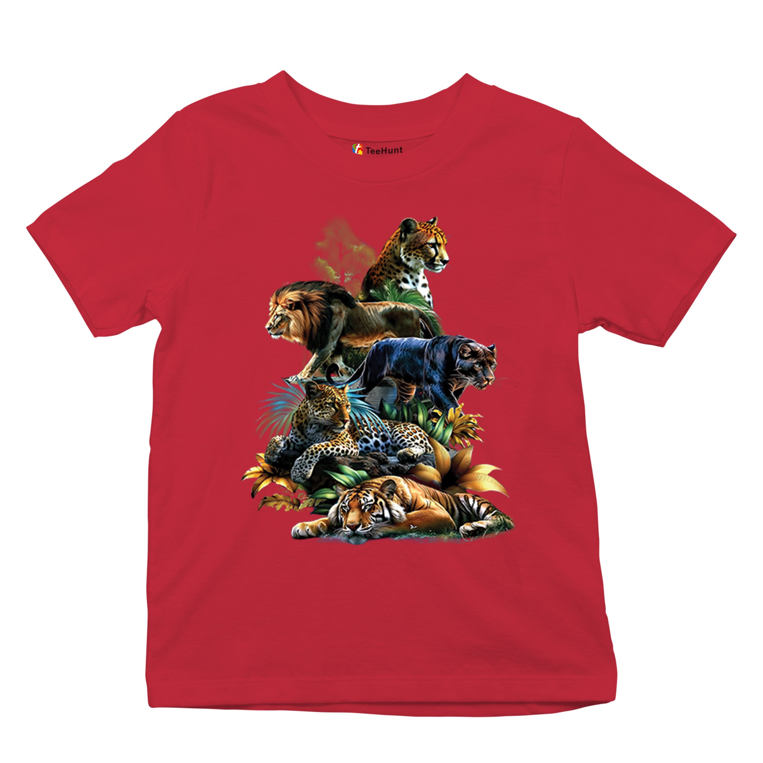 Big Cats Jungle Collage Youth T-shirt Lion Tiger Leopard Animal Jaguar Kids - Picture 20 of 50