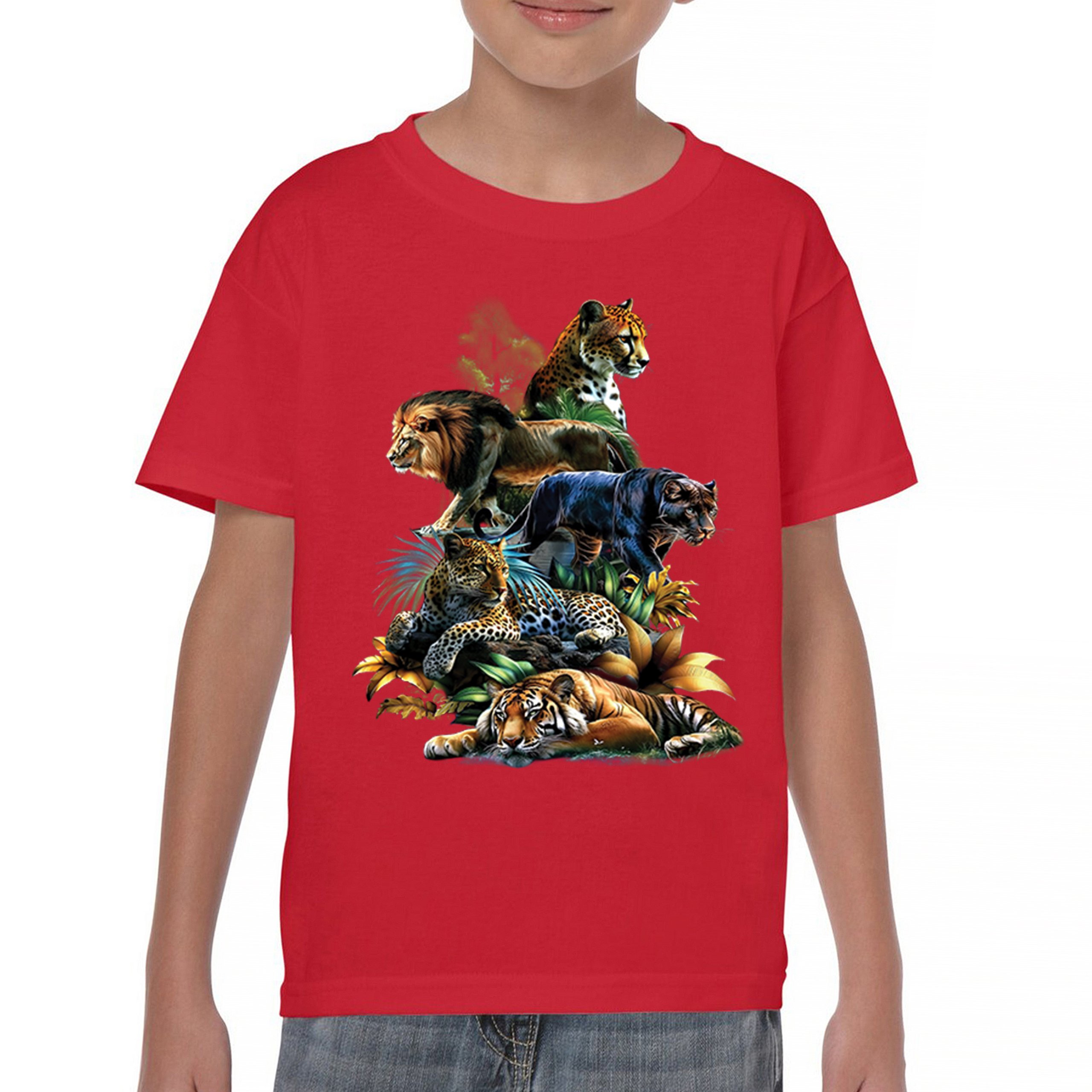 Big Cats Jungle Collage Youth T-shirt Lion Tiger Leopard Animal Jaguar Kids - Picture 16 of 50