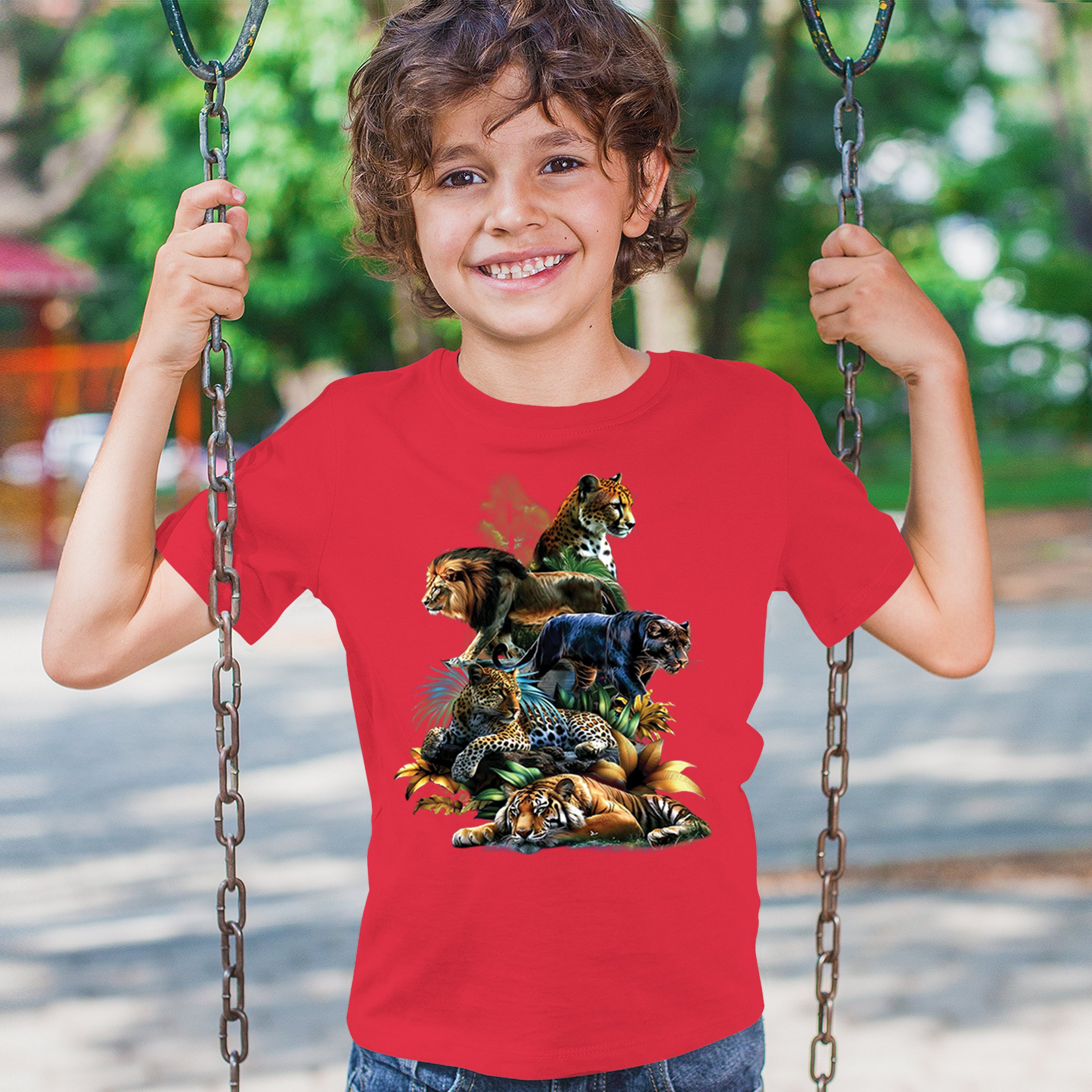 Big Cats Jungle Collage Youth T-shirt Lion Tiger Leopard Animal Jaguar Kids - Picture 19 of 50