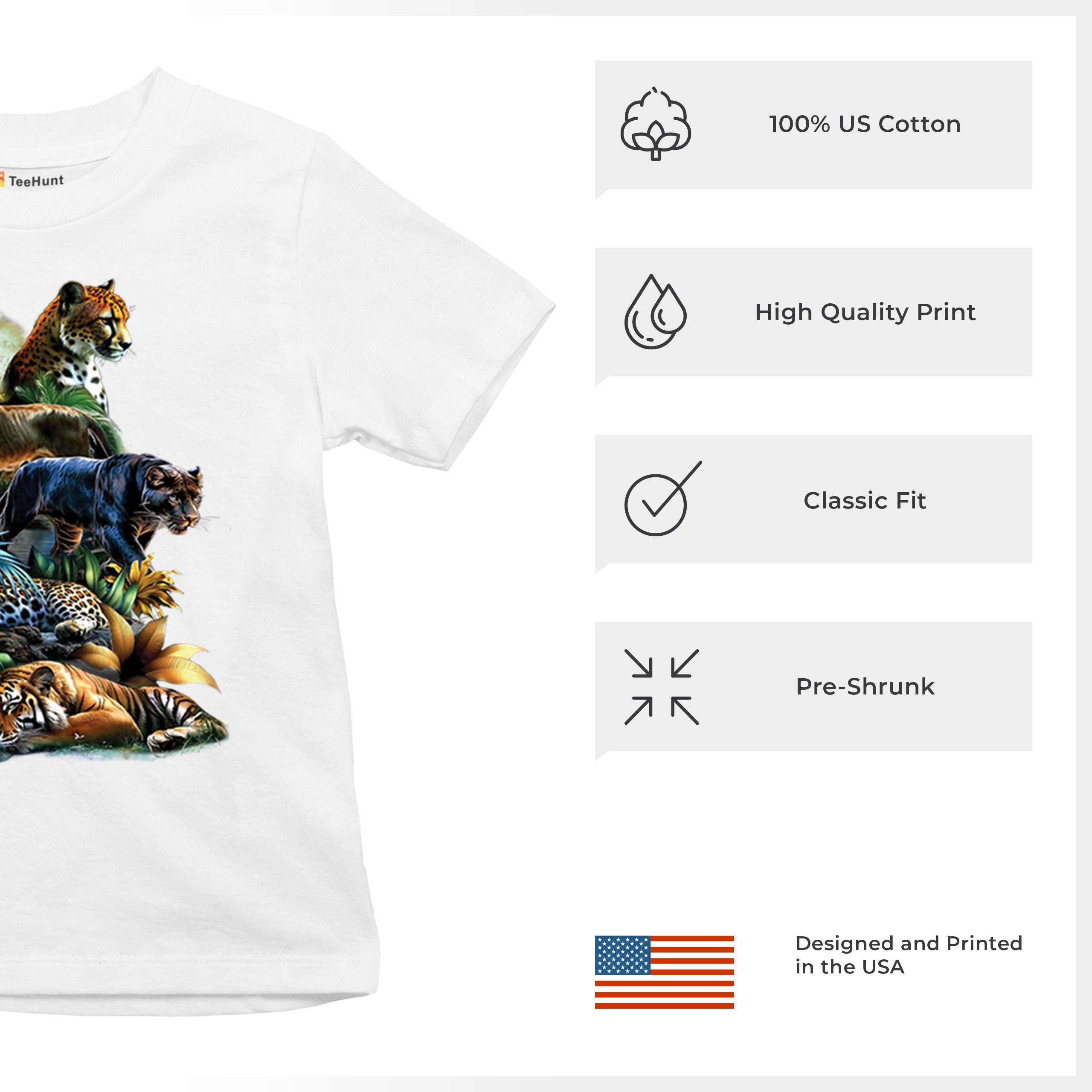 Big Cats Jungle Collage Youth T-shirt Lion Tiger Leopard Animal Jaguar Kids - Picture 28 of 50