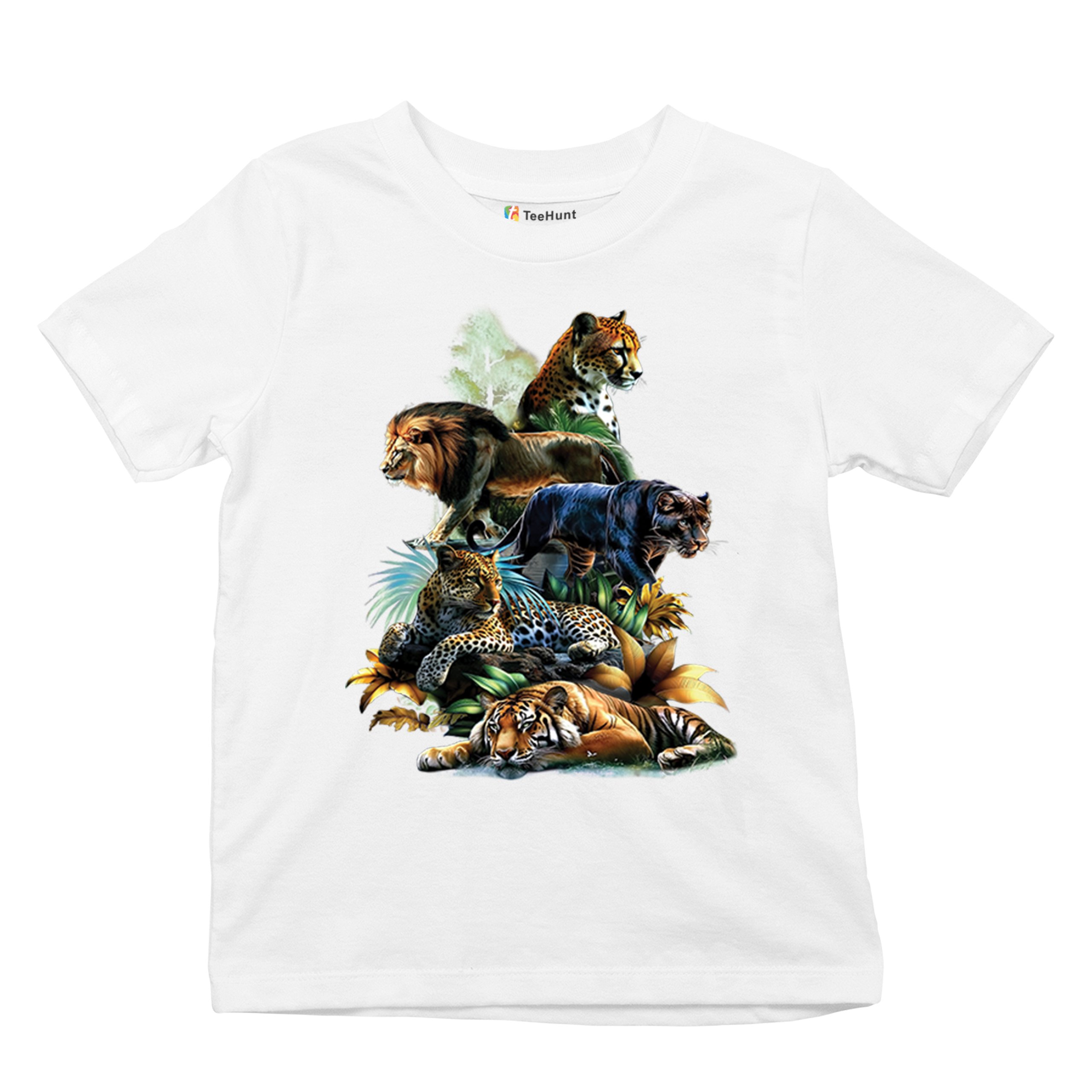 Big Cats Jungle Collage Youth T-shirt Lion Tiger Leopard Animal Jaguar Kids - Picture 27 of 50