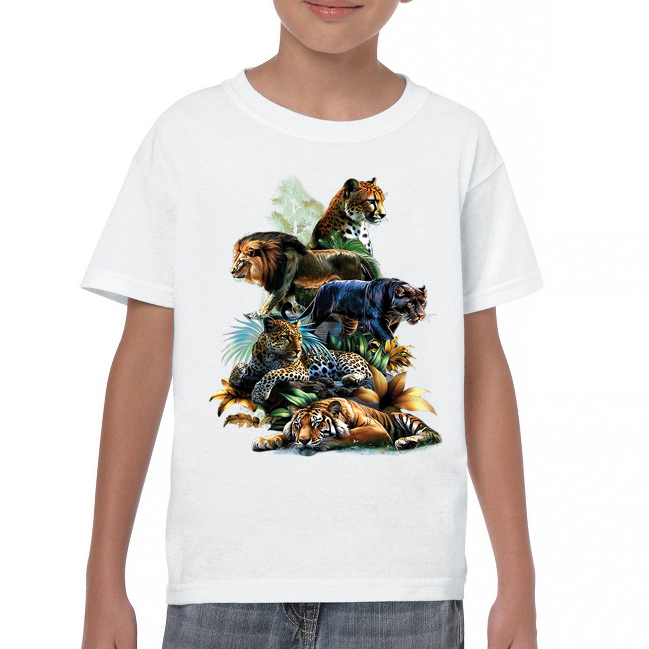Big Cats Jungle Collage Youth T-shirt Lion Tiger Leopard Animal Jaguar Kids - Picture 23 of 50