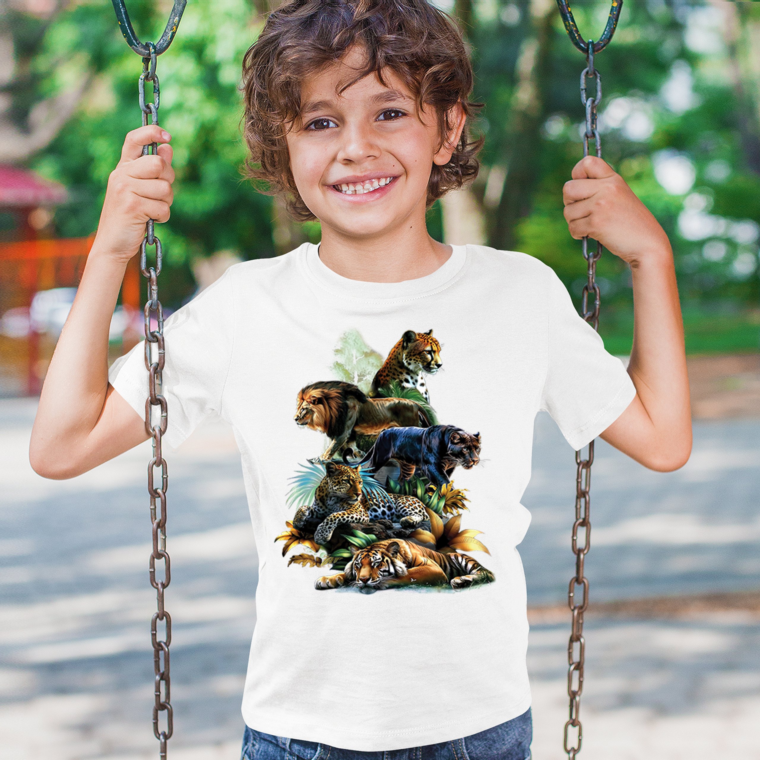 Big Cats Jungle Collage Youth T-shirt Lion Tiger Leopard Animal Jaguar Kids - Picture 26 of 50