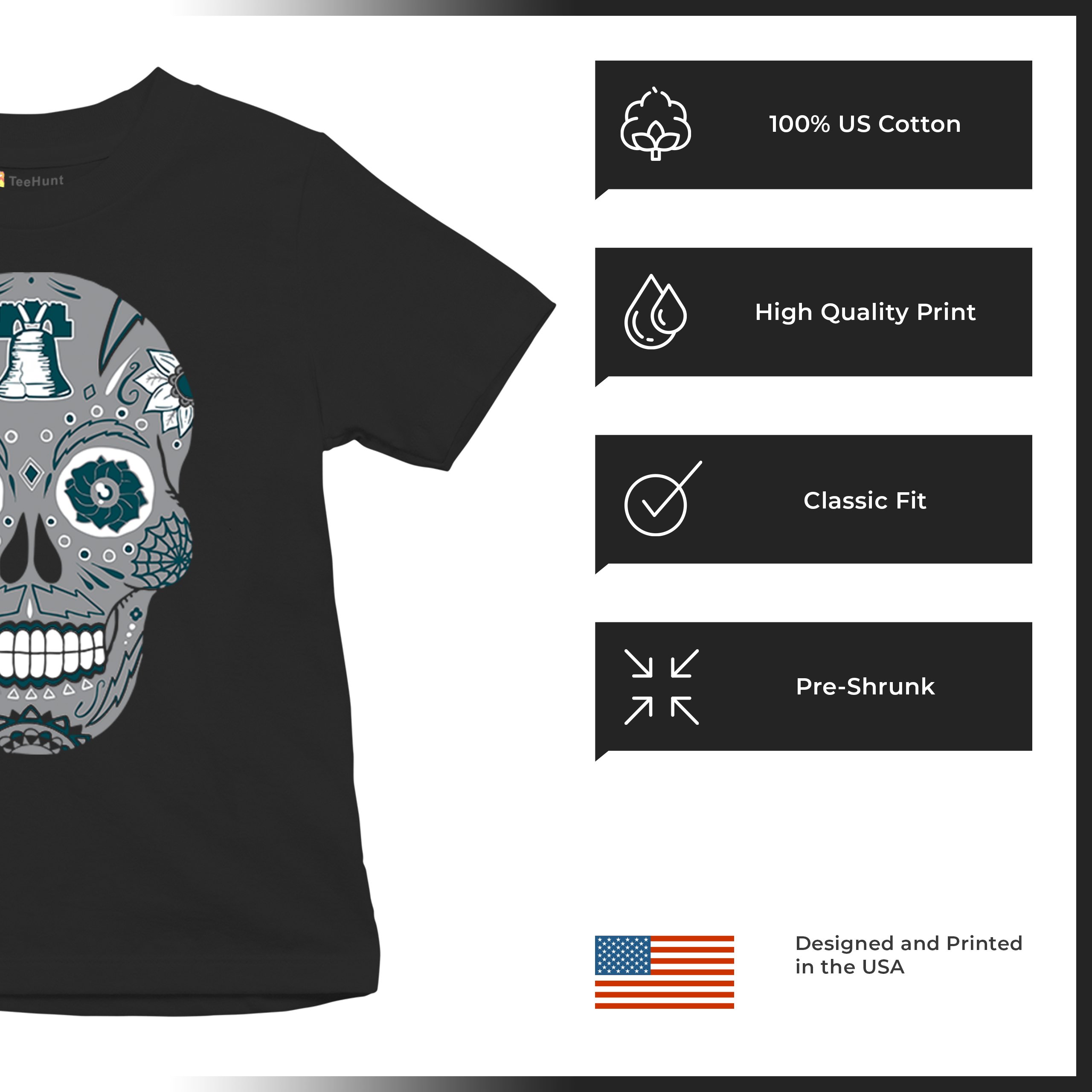 Philadelphia Sugar Skull Youth T-shirt Football Die-Hard Philly Fan Kids - Picture 7 of 50