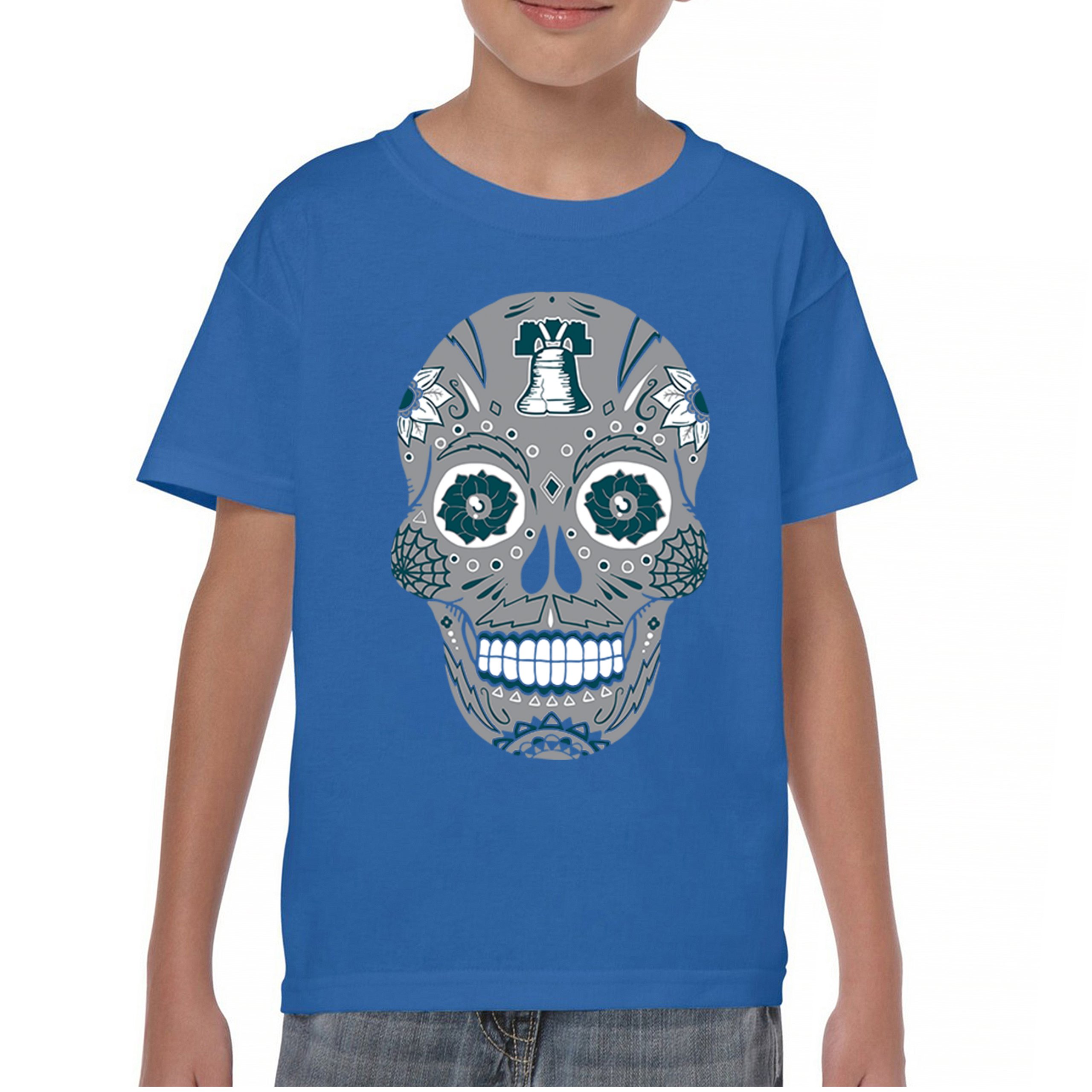 Philadelphia Sugar Skull Youth T-shirt Football Die-Hard Philly Fan Kids - Picture 37 of 50