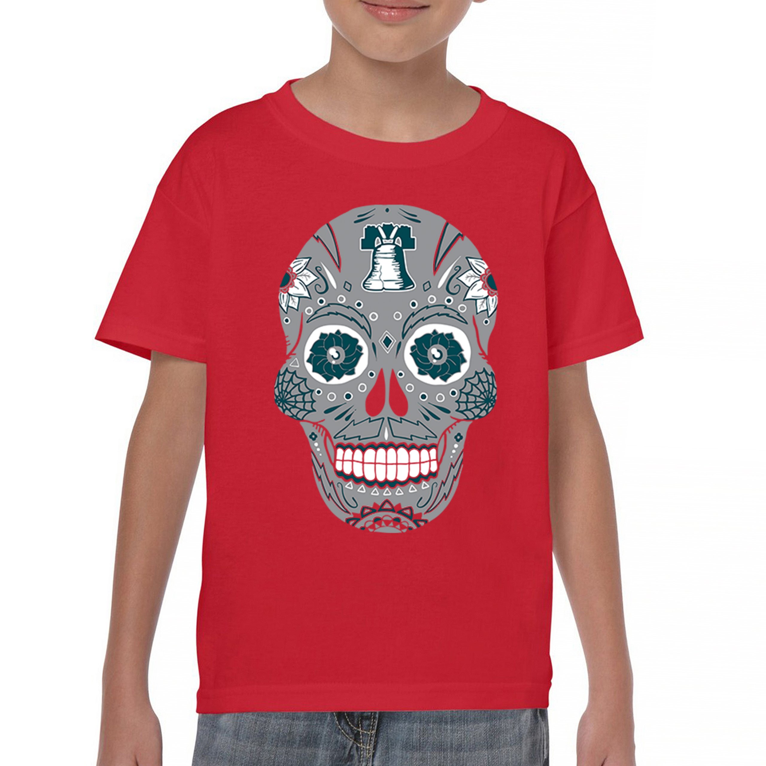 Philadelphia Sugar Skull Youth T-shirt Football Die-Hard Philly Fan Kids - Picture 16 of 50