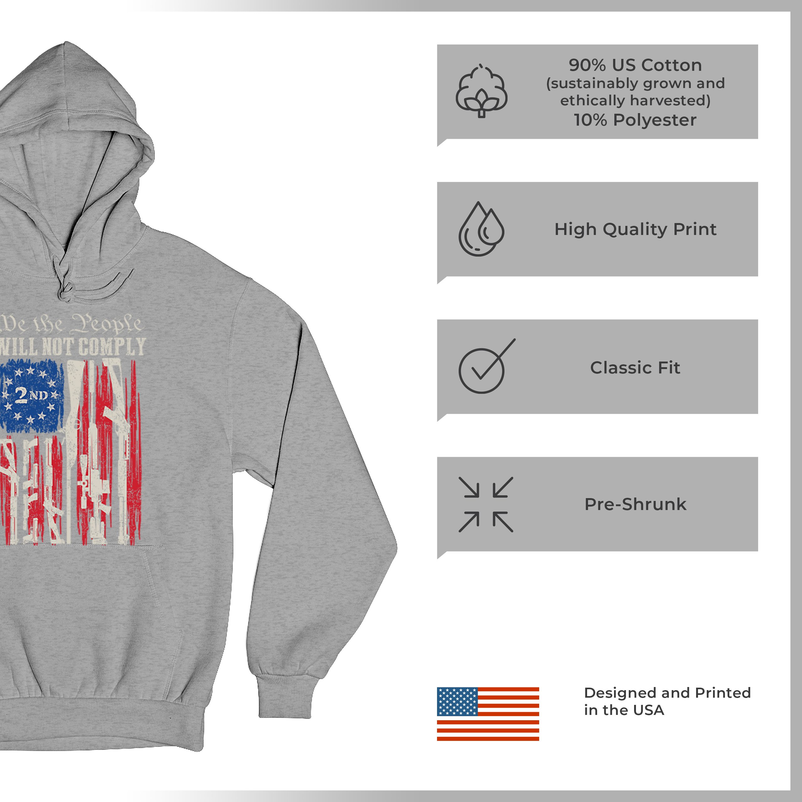 We People Will Not Comply Sweatshirt 2nd Amendment USA Flag Gun Rights Hoodie - Picture 14 of 22