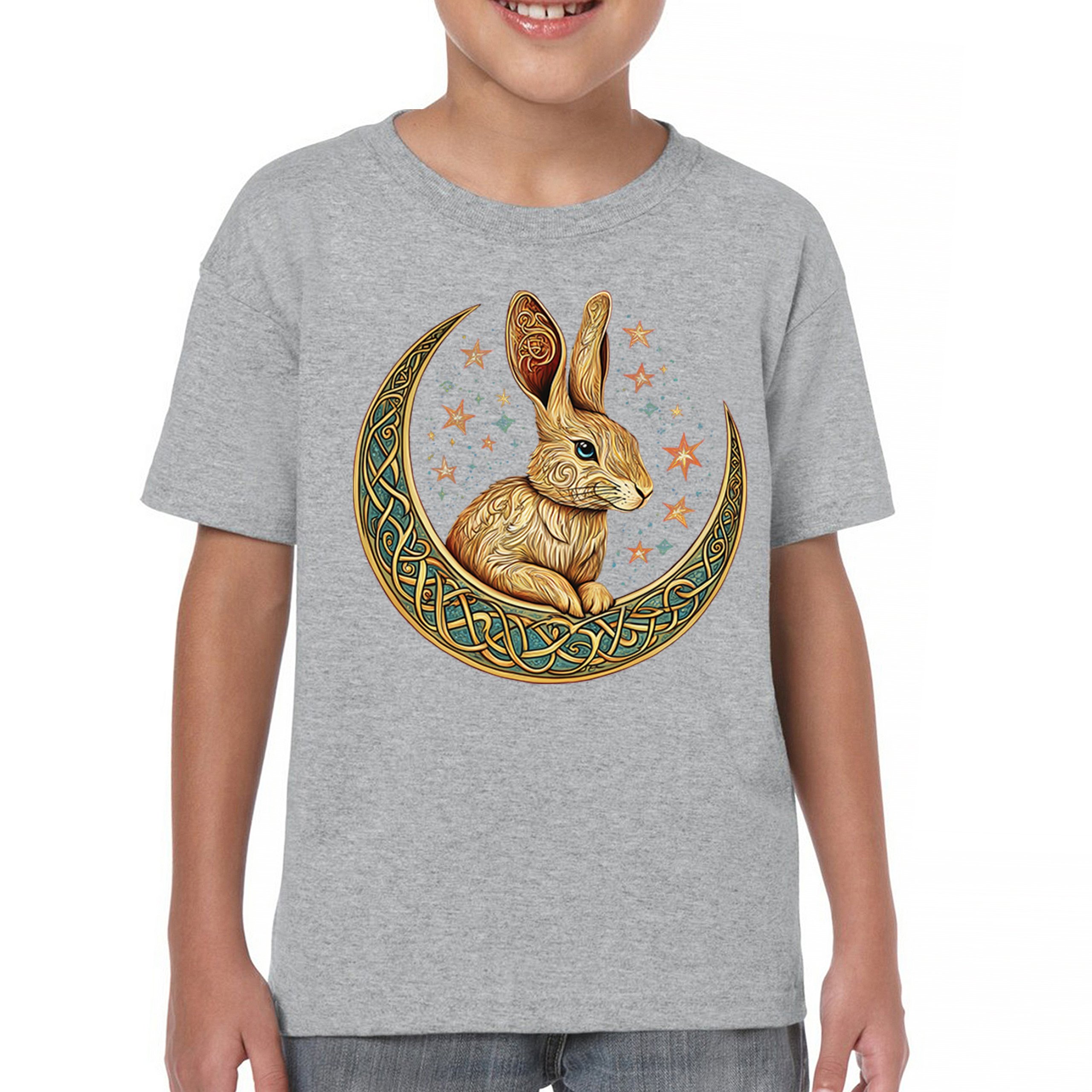 Celtic Moon Rabbit Youth T-shirt Mystical Bunny Spiritual Nordic Nature Kids - Picture 9 of 50