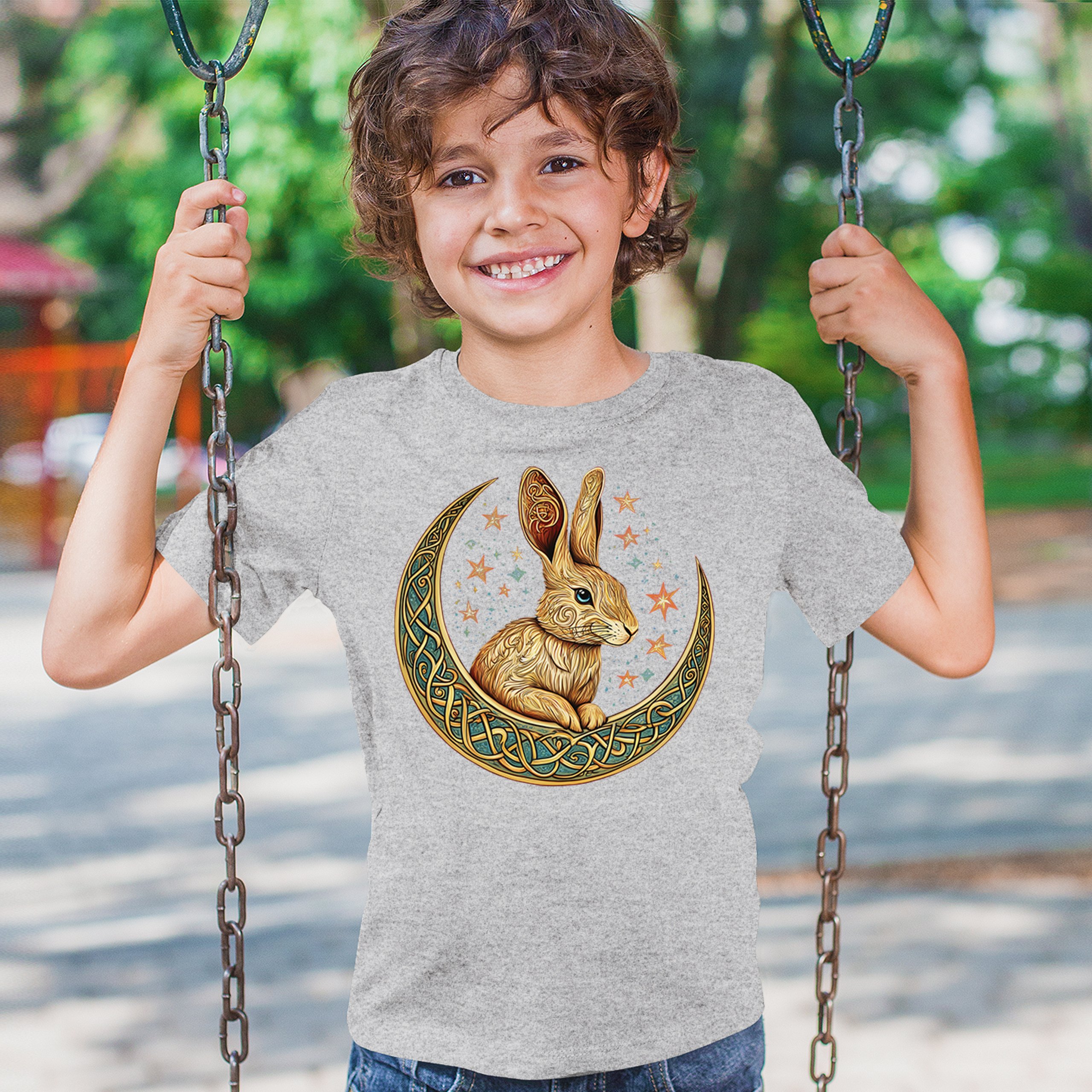 Celtic Moon Rabbit Youth T-shirt Mystical Bunny Spiritual Nordic Nature Kids - Picture 12 of 50