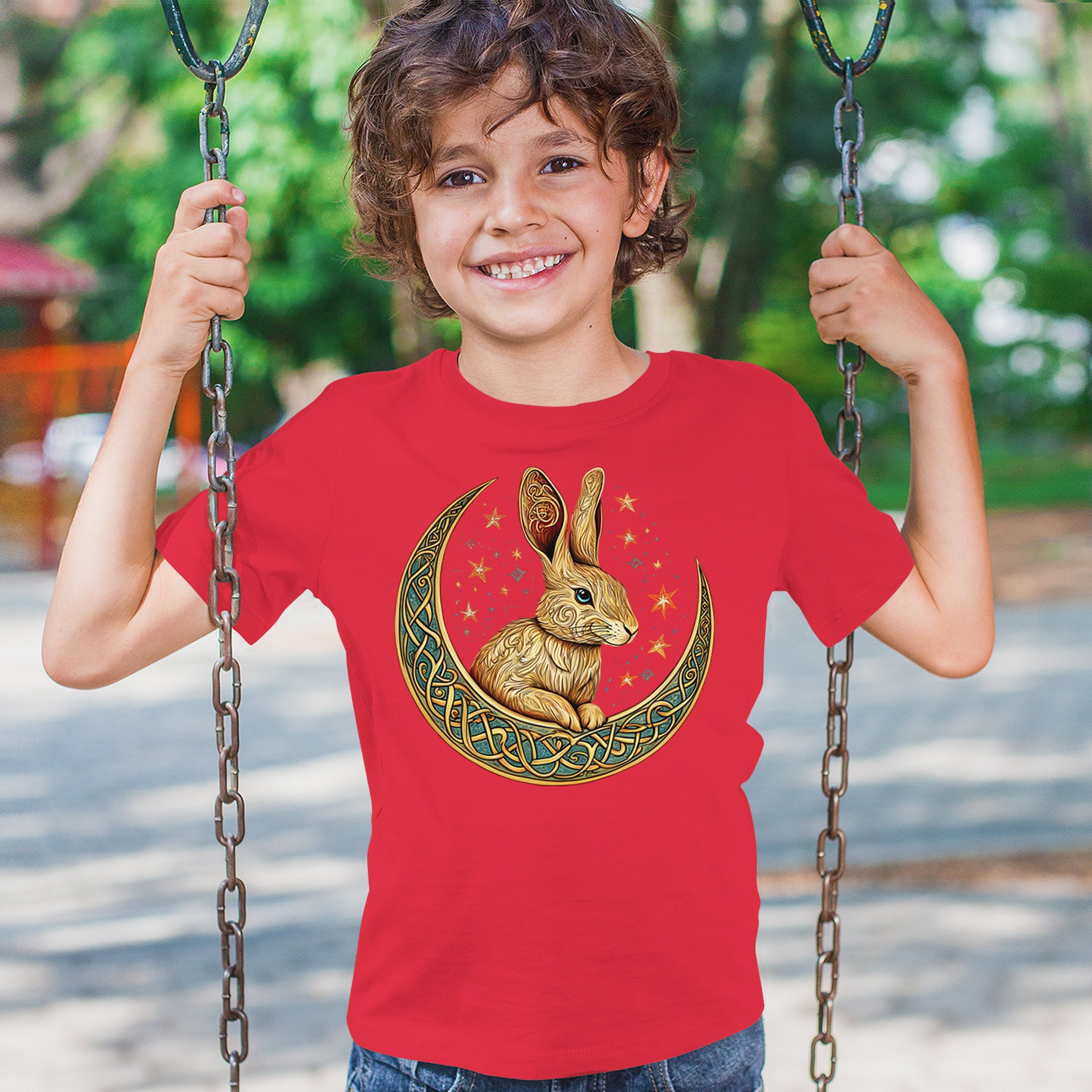 Celtic Moon Rabbit Youth T-shirt Mystical Bunny Spiritual Nordic Nature Kids - Picture 19 of 50