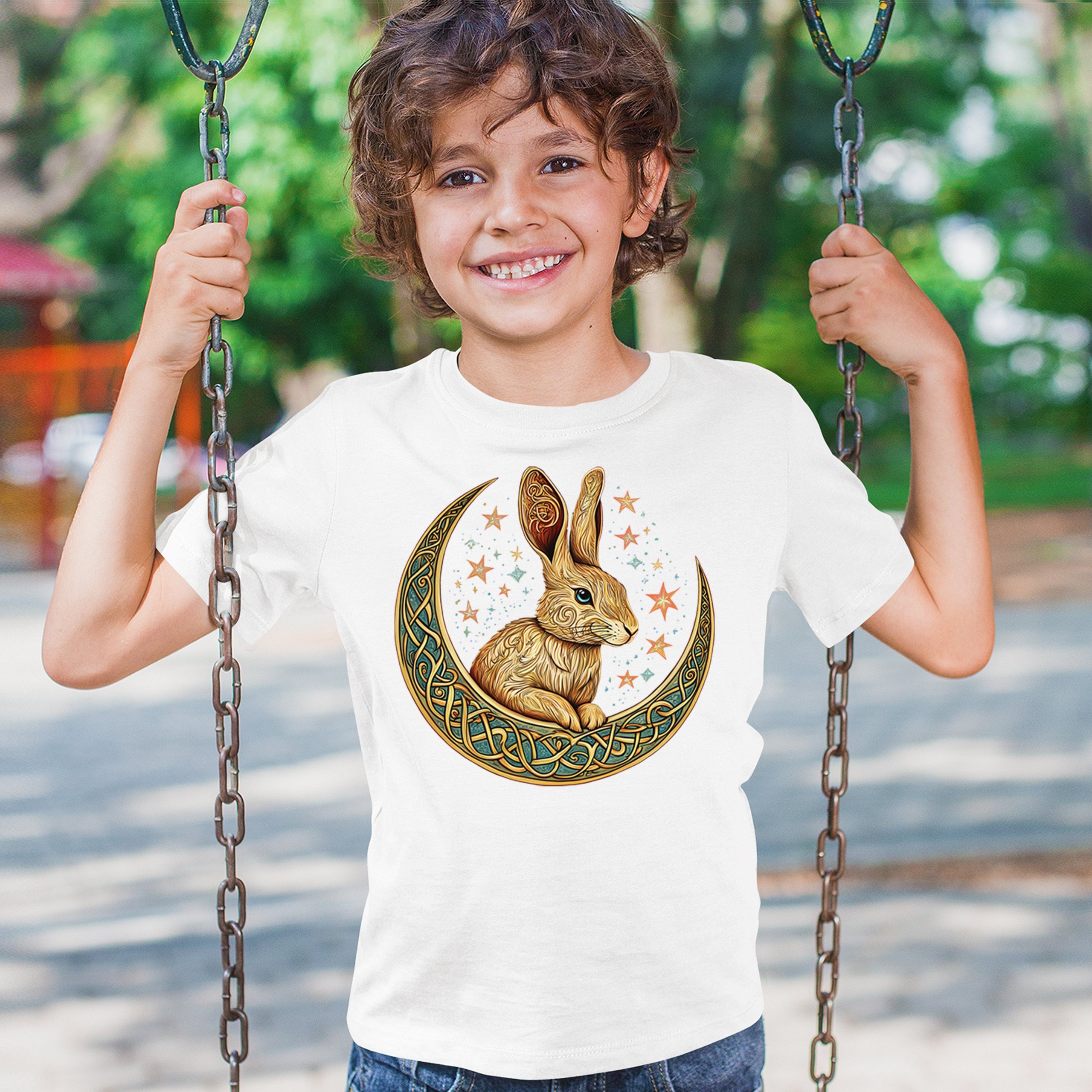 Celtic Moon Rabbit Youth T-shirt Mystical Bunny Spiritual Nordic Nature Kids - Picture 26 of 50