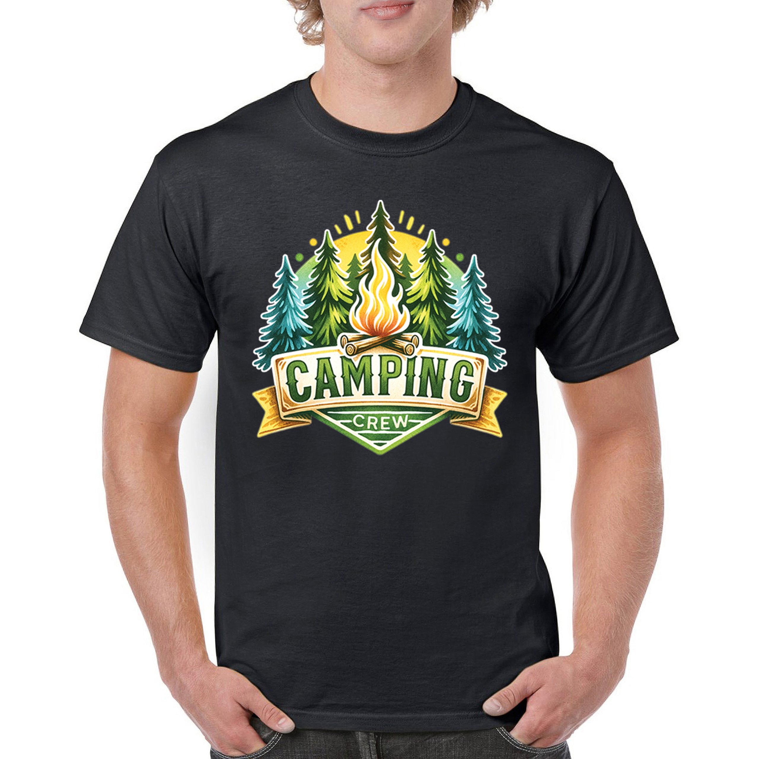 Camping Crew T-shirt Happy Camper Vibe Explore Outdoors Campfire Men’s Tee