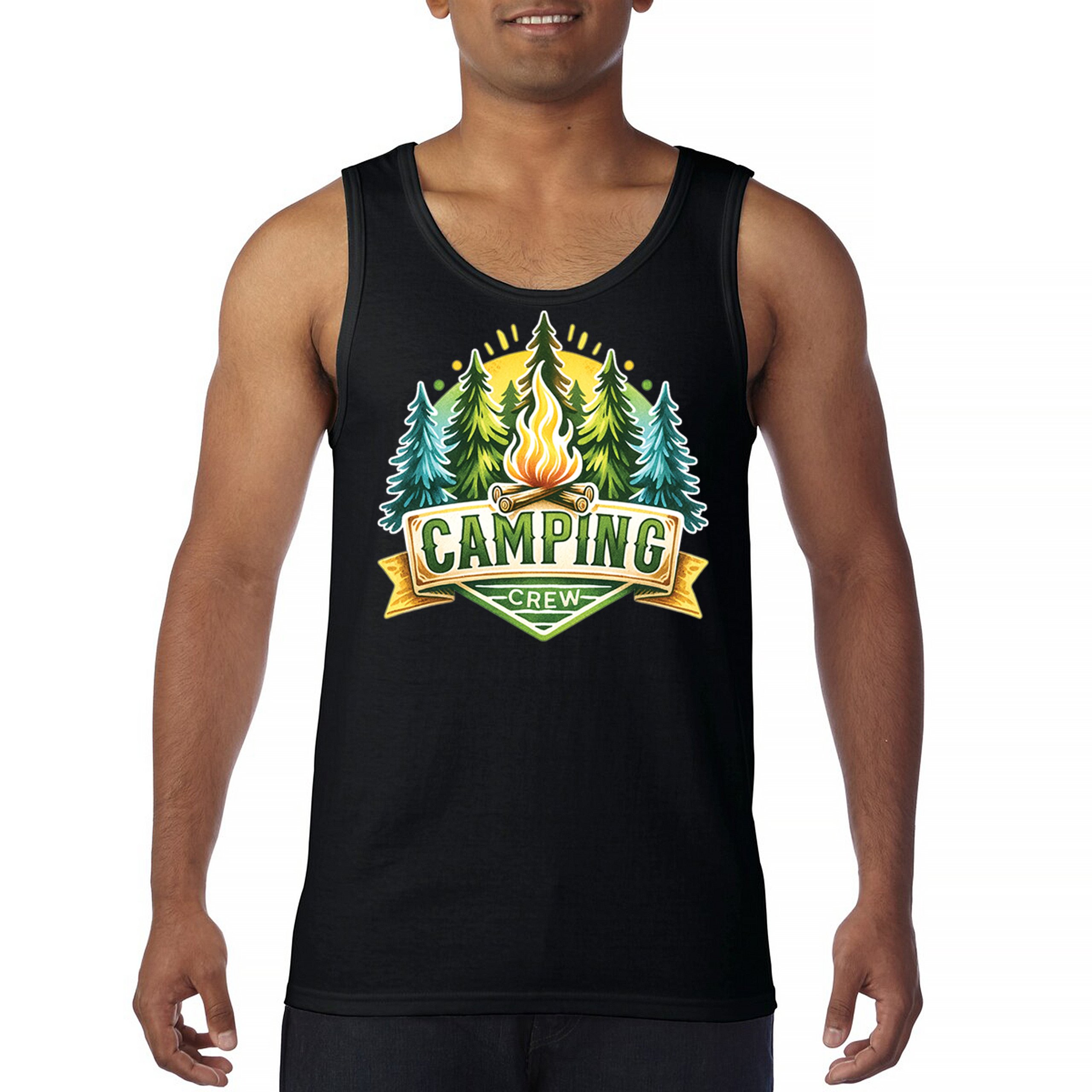 Camping Crew Men’s Tank Top Happy Camper Vibe Explore Outdoors Campfire