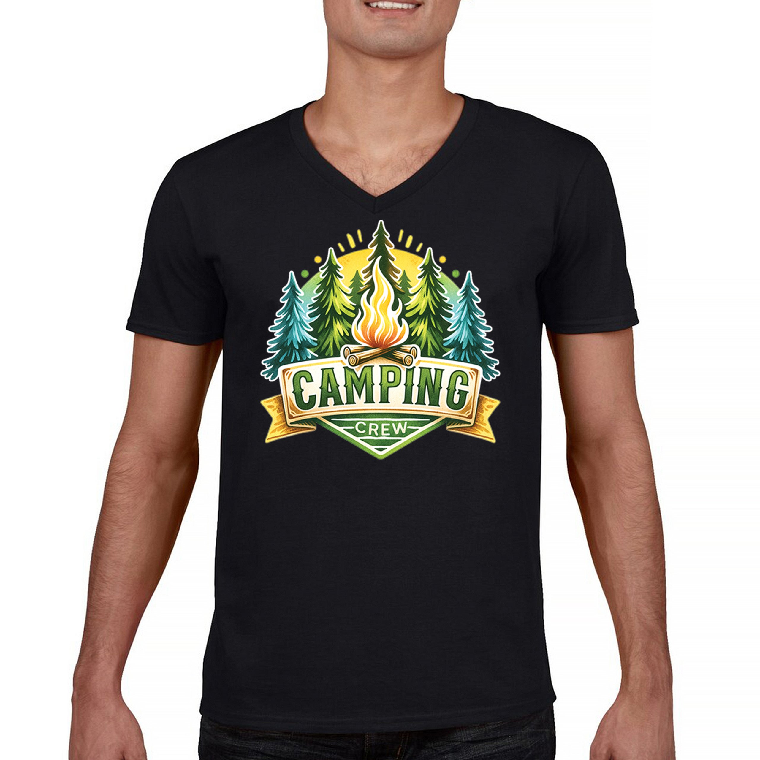 Camping Crew Men’s V-Neck T-shirt Happy Camper Vibe Explore Outdoors Campfire