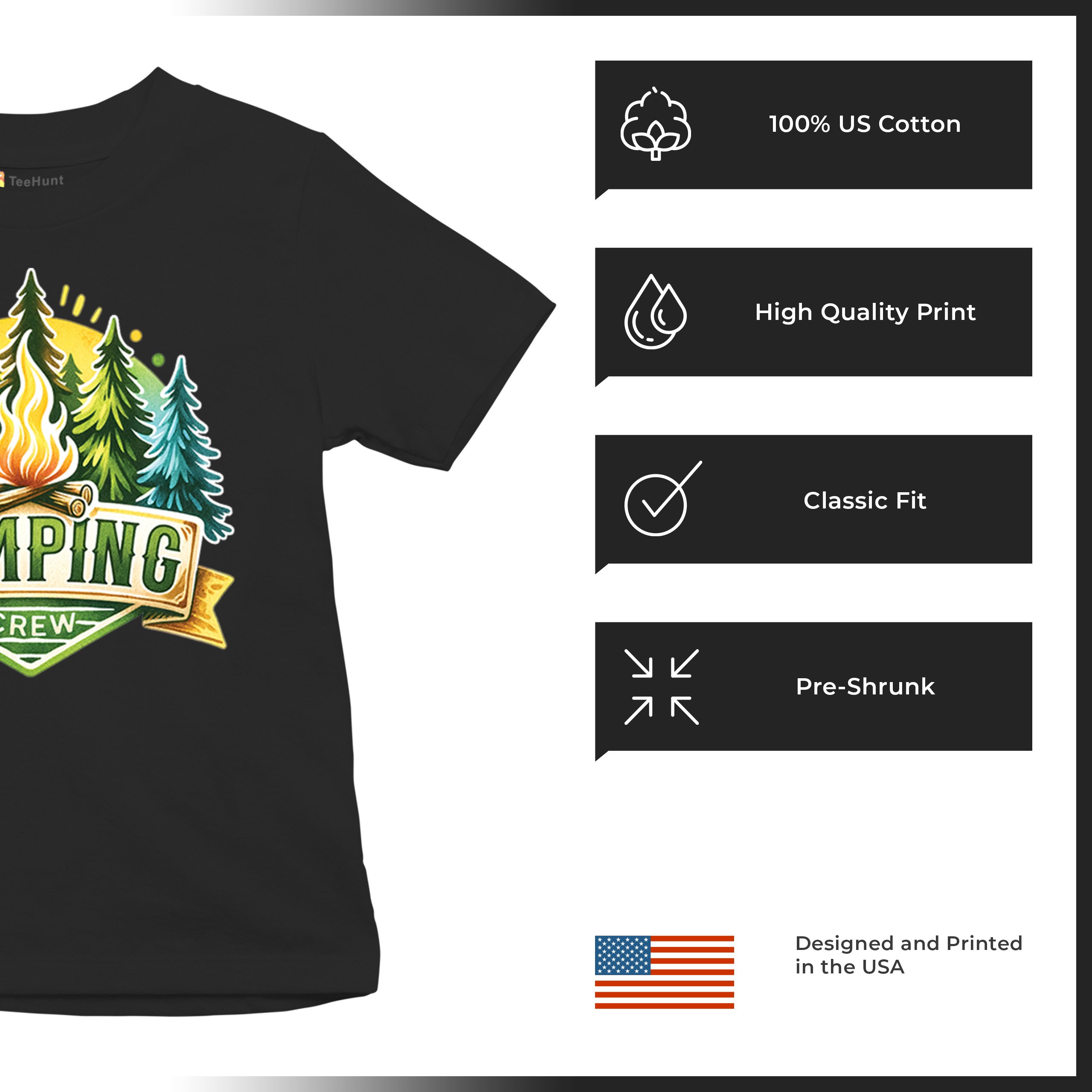 Camping Crew Youth T-shirt Happy Camper Vibe Explore Outdoors Campfire Kids - Picture 7 of 50