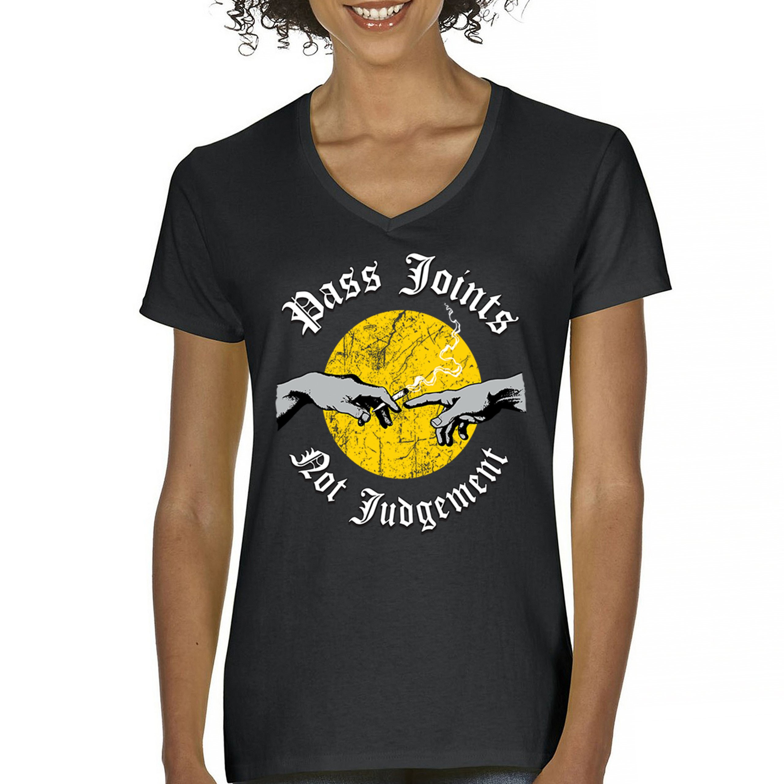 Pass Joints Not Judgement Women’s V-Neck T-shirt Weed Smoke Cannabis Blunt Tee