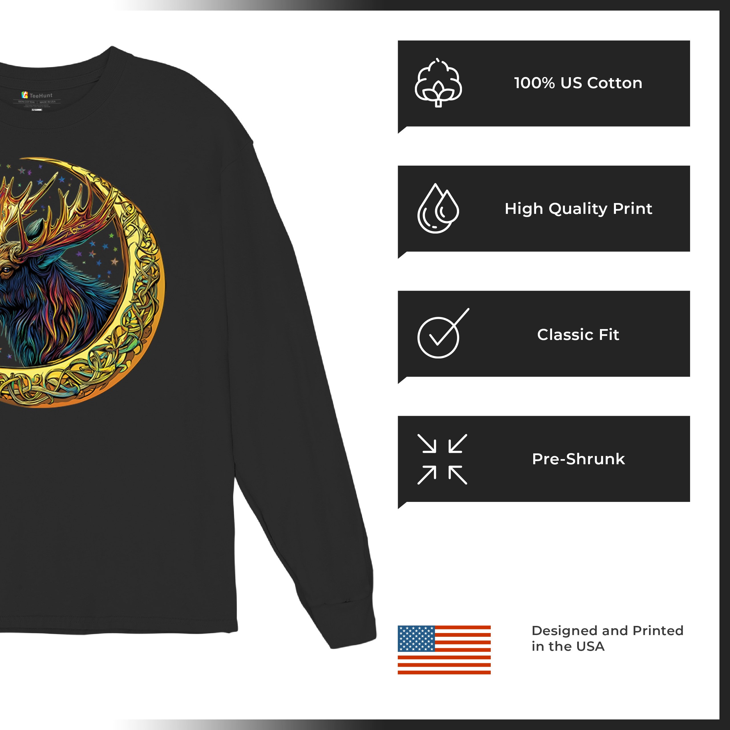Celtic Moon Moose Long Sleeve T-shirt Mystical Beast Majestic Cosmic Wildlife - Picture 7 of 78
