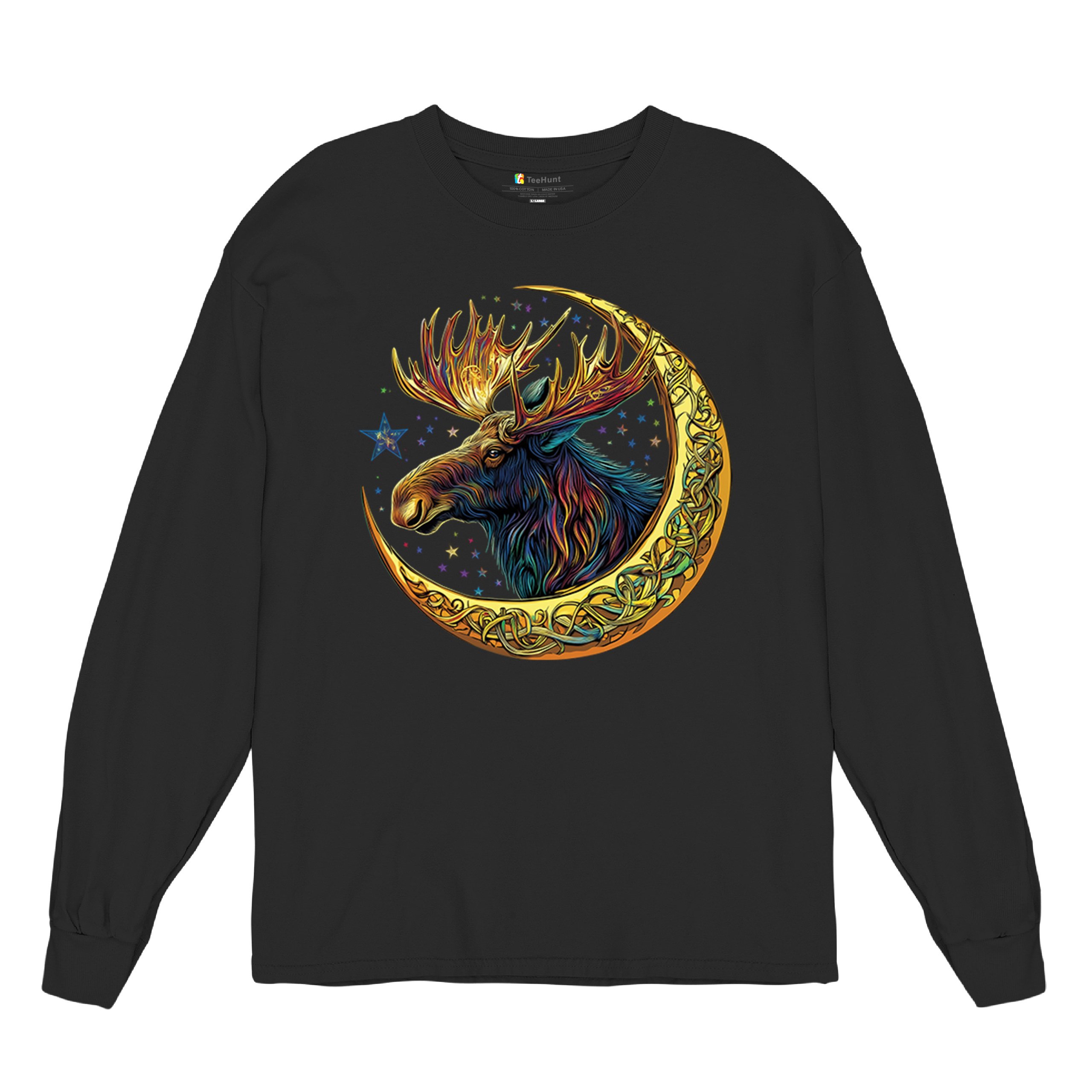 Celtic Moon Moose Long Sleeve T-shirt Mystical Beast Majestic Cosmic Wildlife - Picture 6 of 78