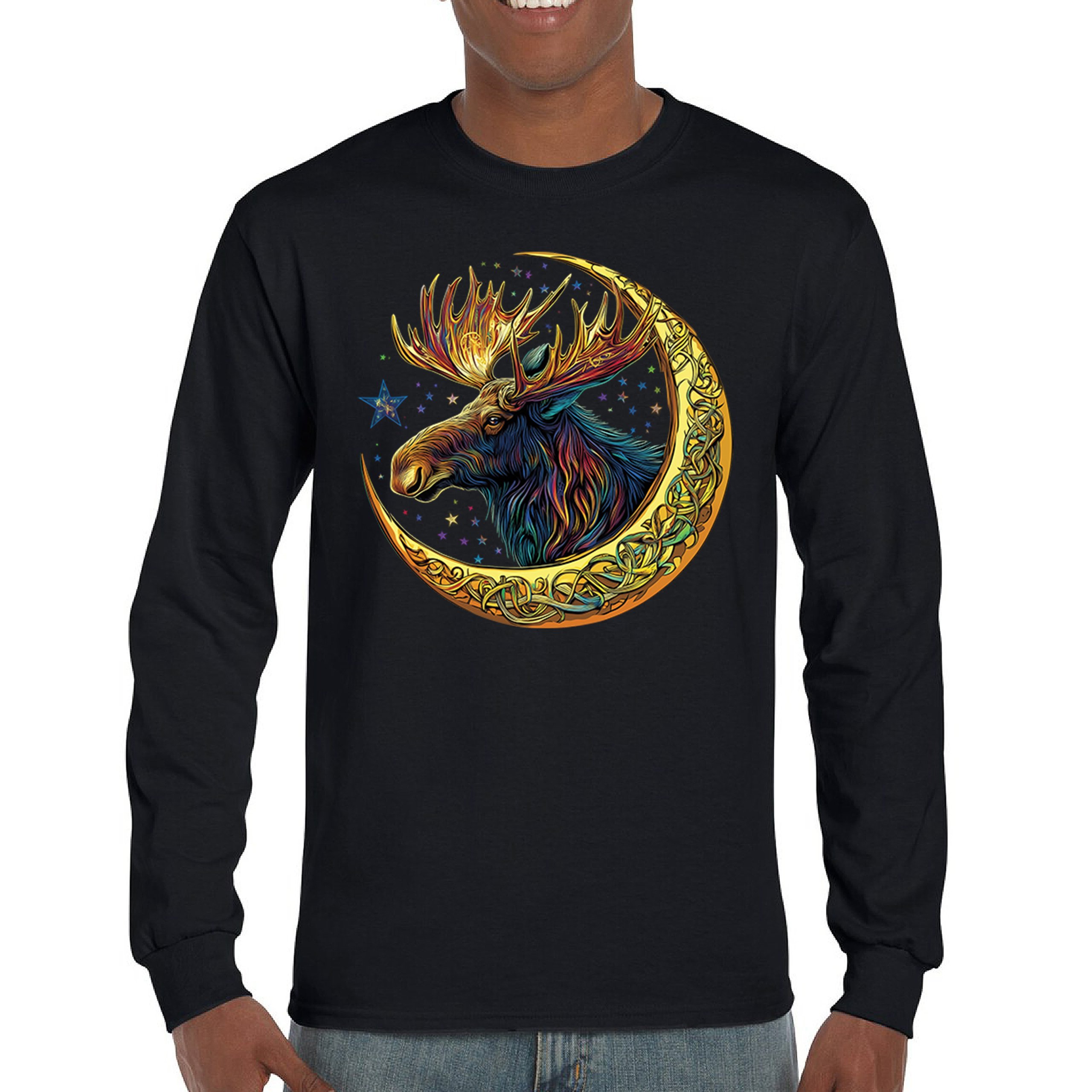 Celtic Moon Moose Long Sleeve T-shirt Mystical Beast Majestic Cosmic Wildlife - Picture 2 of 78