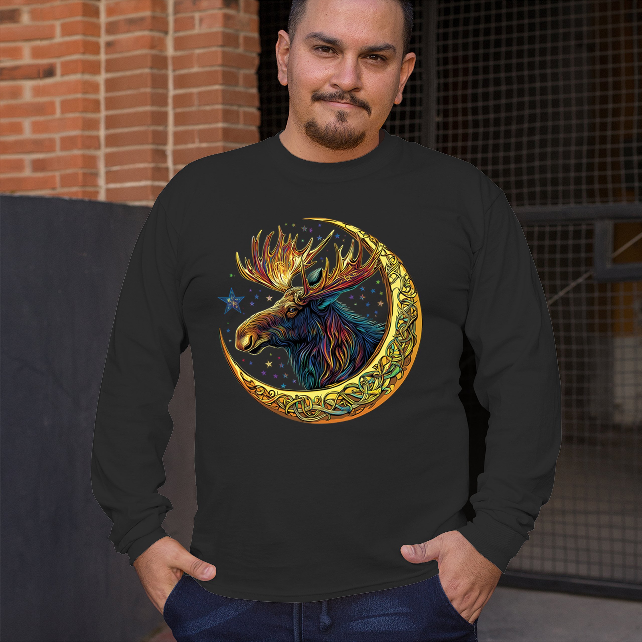Celtic Moon Moose Long Sleeve T-shirt Mystical Beast Majestic Cosmic Wildlife - Picture 5 of 78