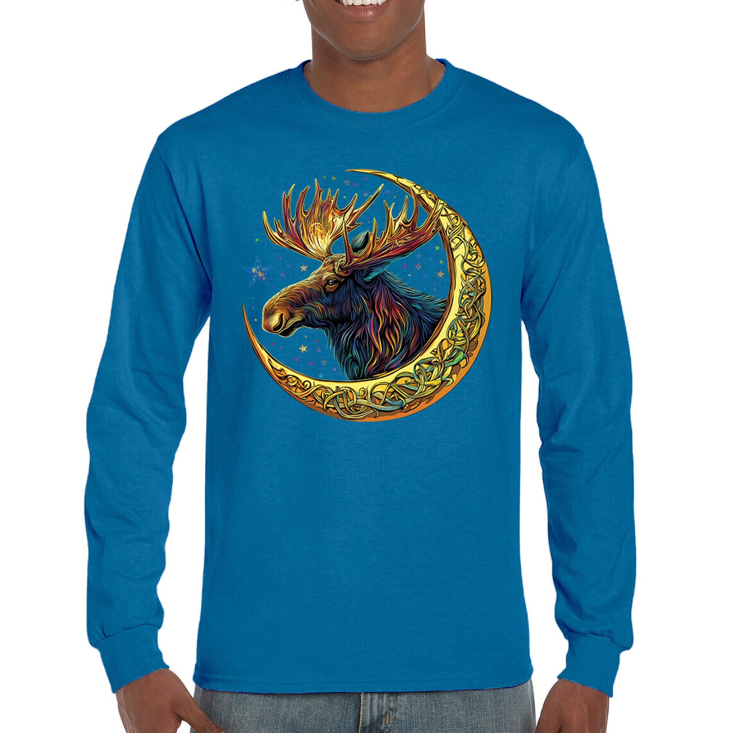 Celtic Moon Moose Long Sleeve T-shirt Mystical Beast Majestic Cosmic Wildlife - Picture 58 of 78