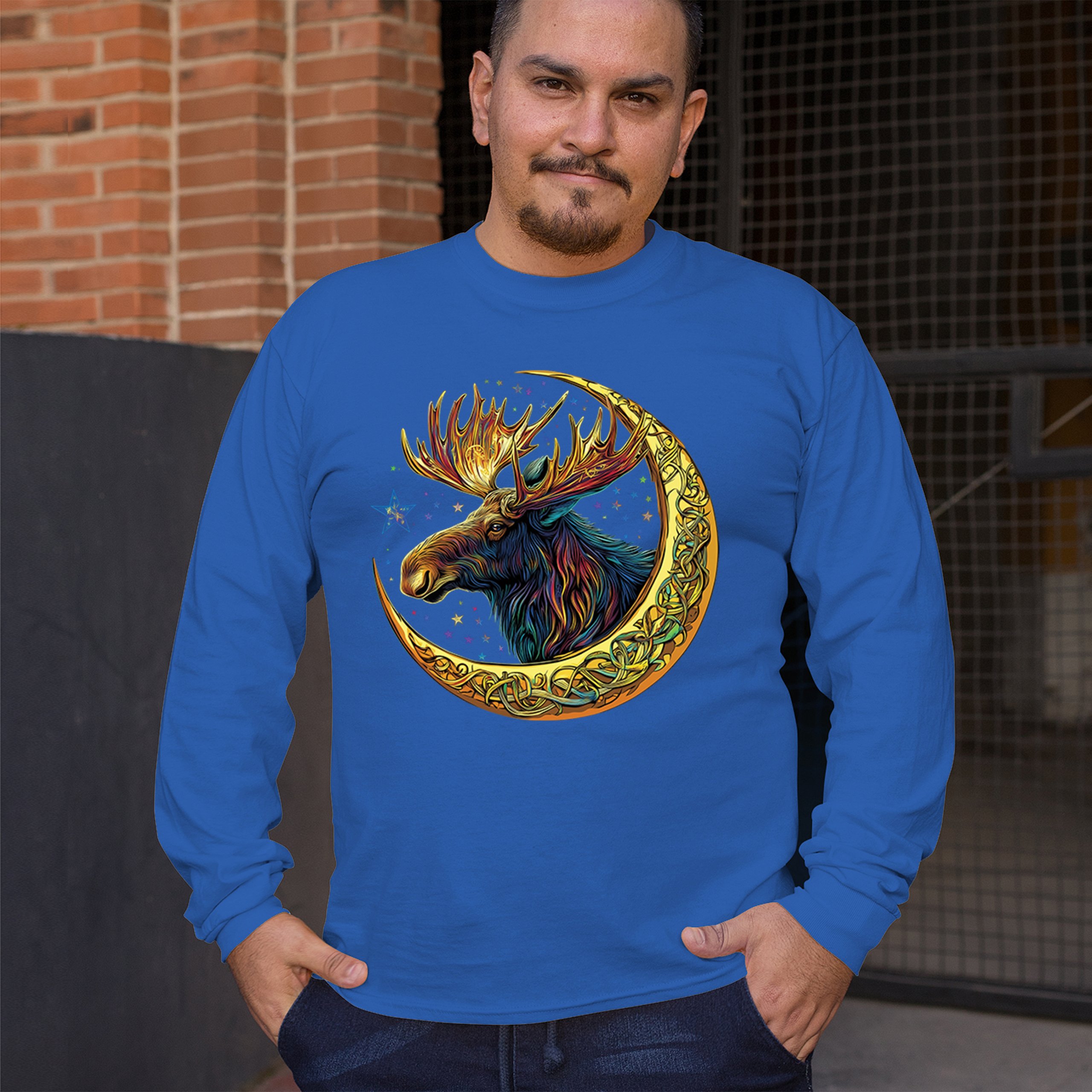 Celtic Moon Moose Long Sleeve T-shirt Mystical Beast Majestic Cosmic Wildlife - Picture 61 of 78