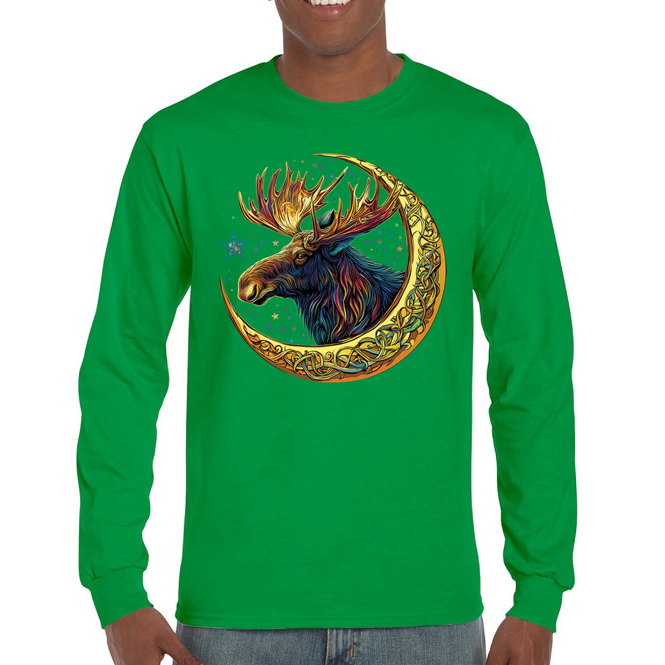 Celtic Moon Moose Long Sleeve T-shirt Mystical Beast Majestic Cosmic Wildlife - Picture 44 of 78