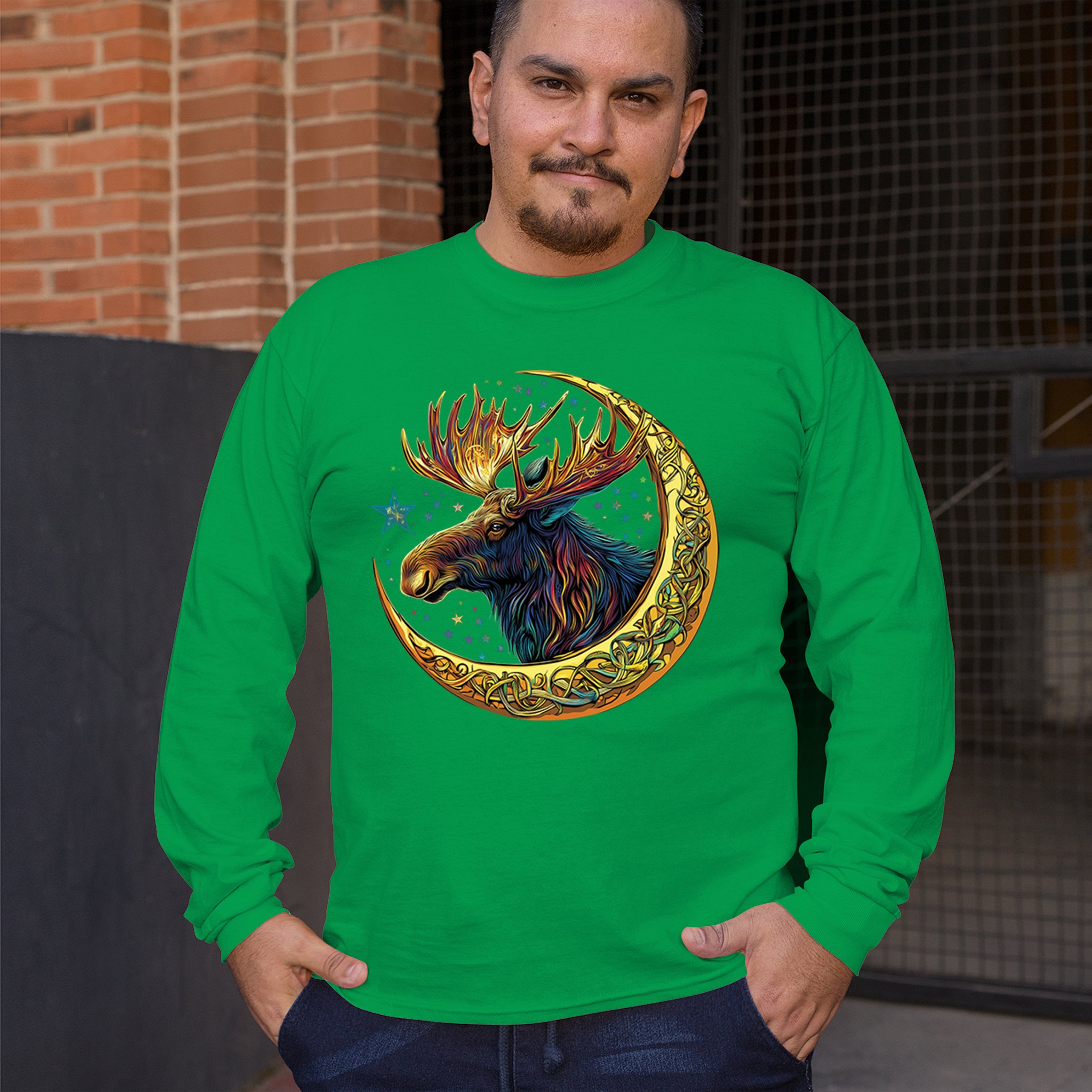 Celtic Moon Moose Long Sleeve T-shirt Mystical Beast Majestic Cosmic Wildlife - Picture 47 of 78