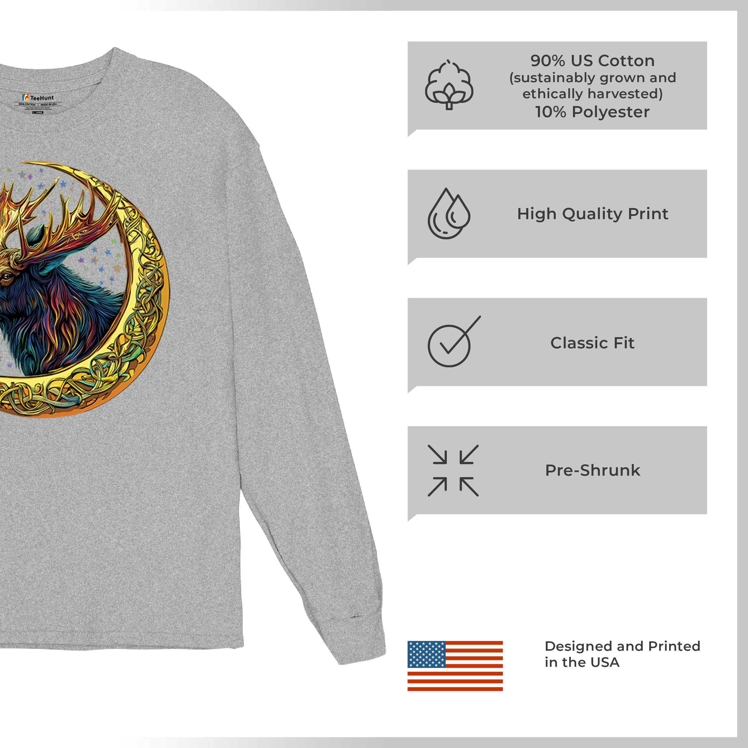 Celtic Moon Moose Long Sleeve T-shirt Mystical Beast Majestic Cosmic Wildlife - Picture 14 of 78