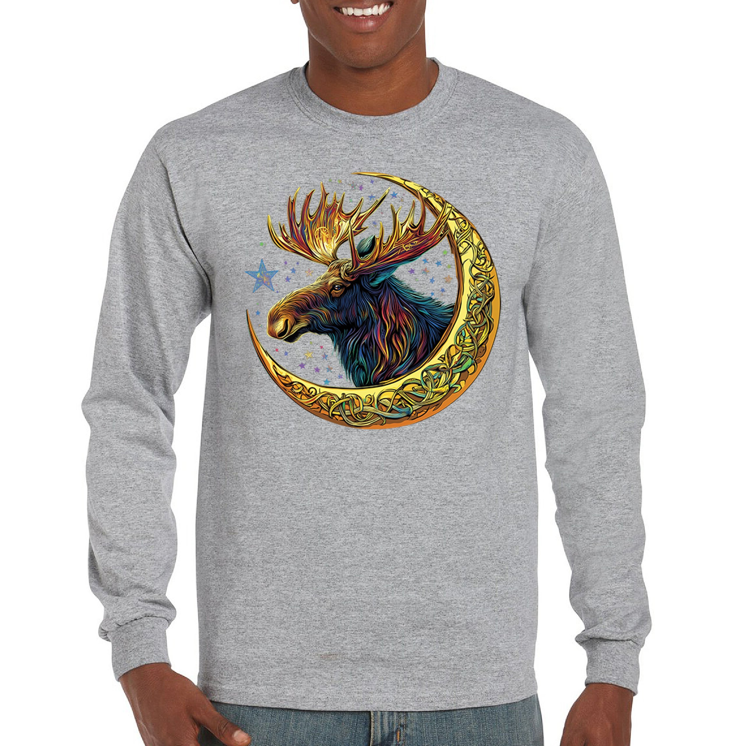 Celtic Moon Moose Long Sleeve T-shirt Mystical Beast Majestic Cosmic Wildlife - Picture 9 of 78