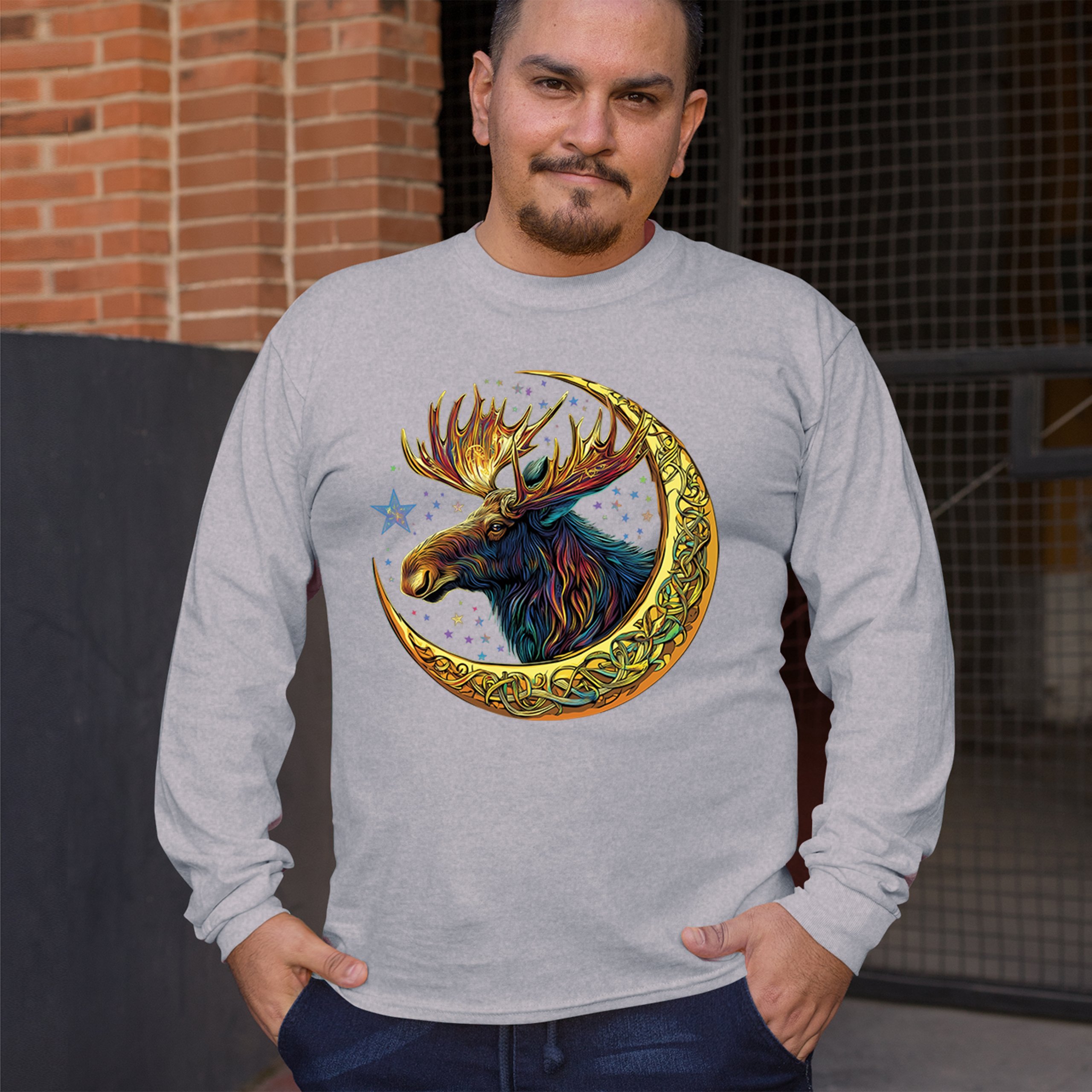 Celtic Moon Moose Long Sleeve T-shirt Mystical Beast Majestic Cosmic Wildlife - Picture 12 of 78