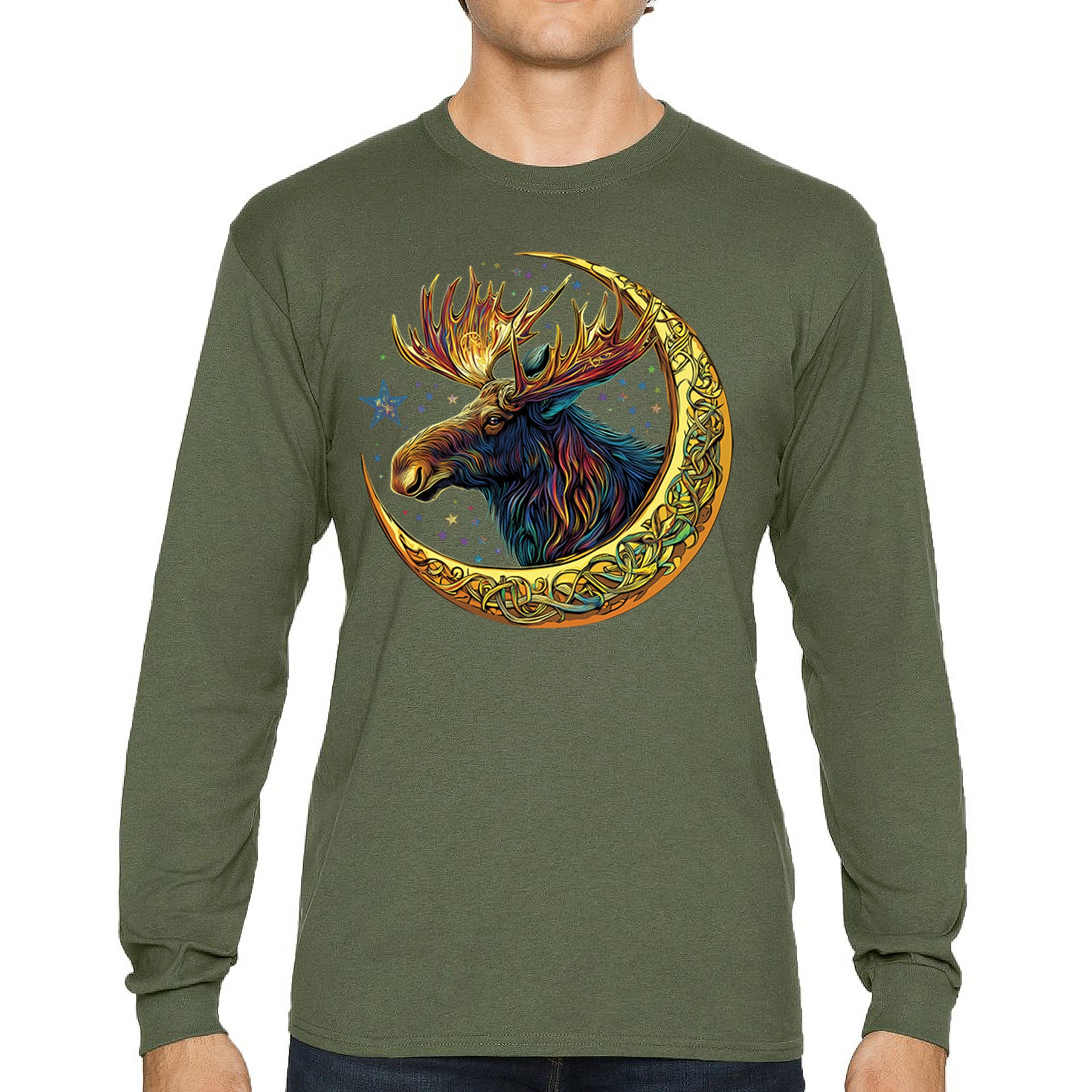 Celtic Moon Moose Long Sleeve T-shirt Mystical Beast Majestic Cosmic Wildlife - Picture 51 of 78