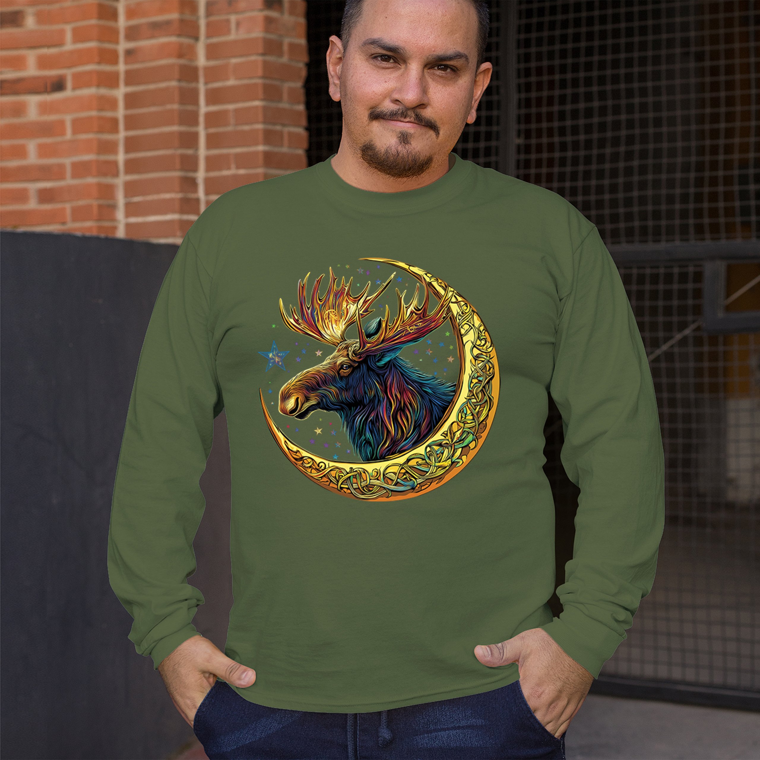 Celtic Moon Moose Long Sleeve T-shirt Mystical Beast Majestic Cosmic Wildlife - Picture 54 of 78