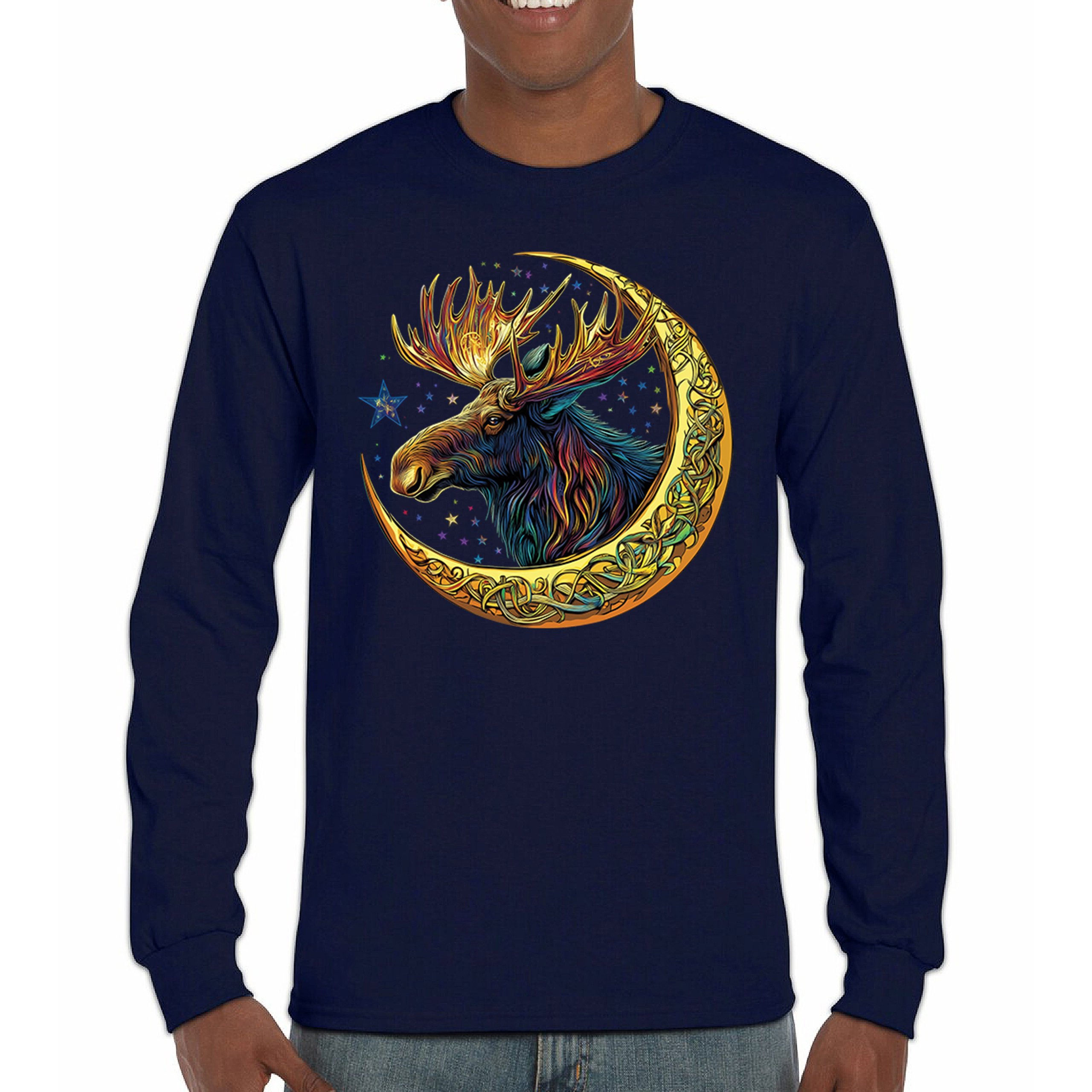 Celtic Moon Moose Long Sleeve T-shirt Mystical Beast Majestic Cosmic Wildlife - Picture 37 of 78