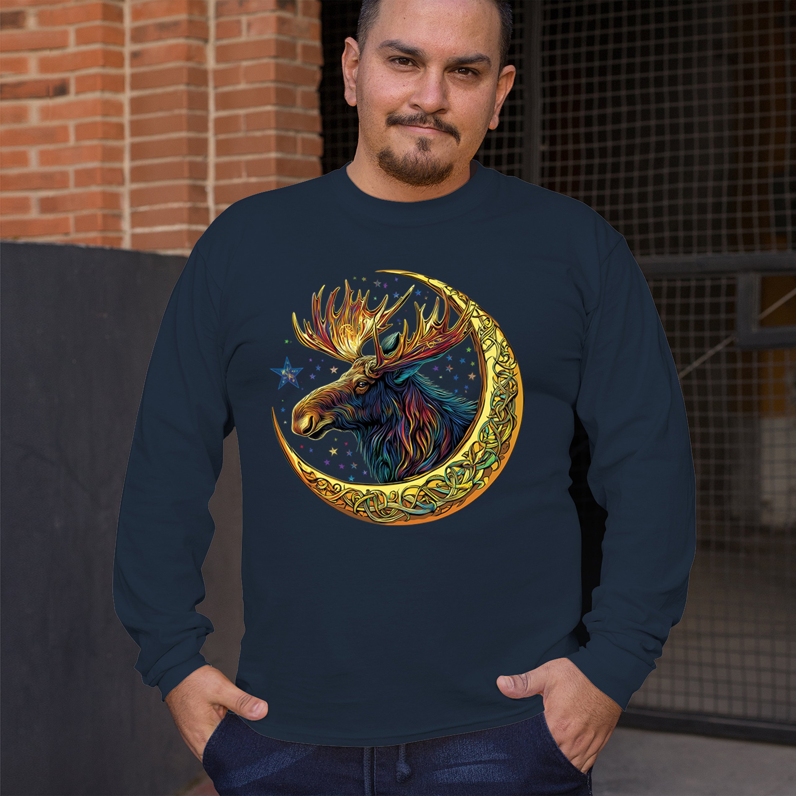 Celtic Moon Moose Long Sleeve T-shirt Mystical Beast Majestic Cosmic Wildlife - Picture 40 of 78