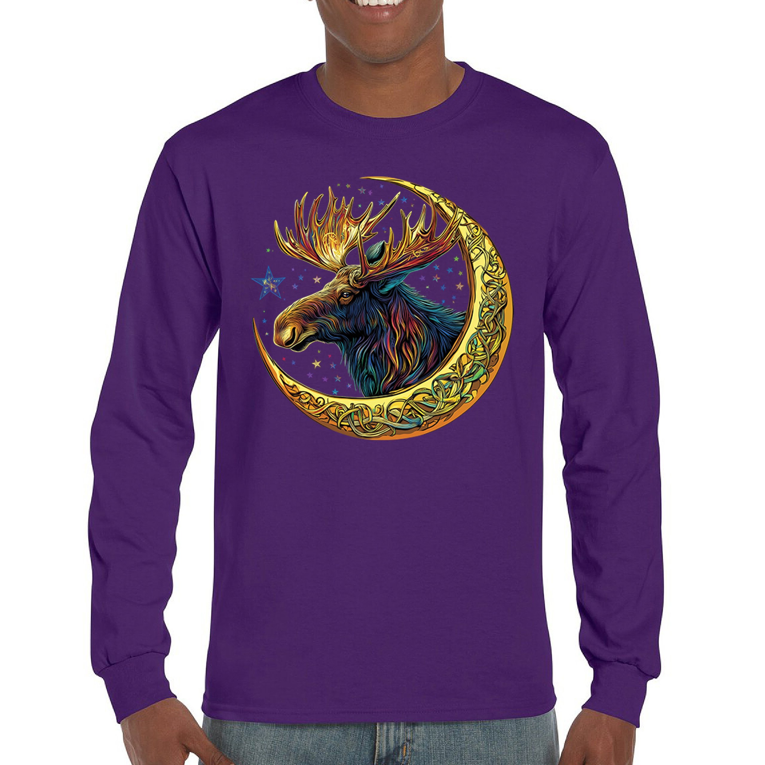 Celtic Moon Moose Long Sleeve T-shirt Mystical Beast Majestic Cosmic Wildlife - Picture 16 of 78