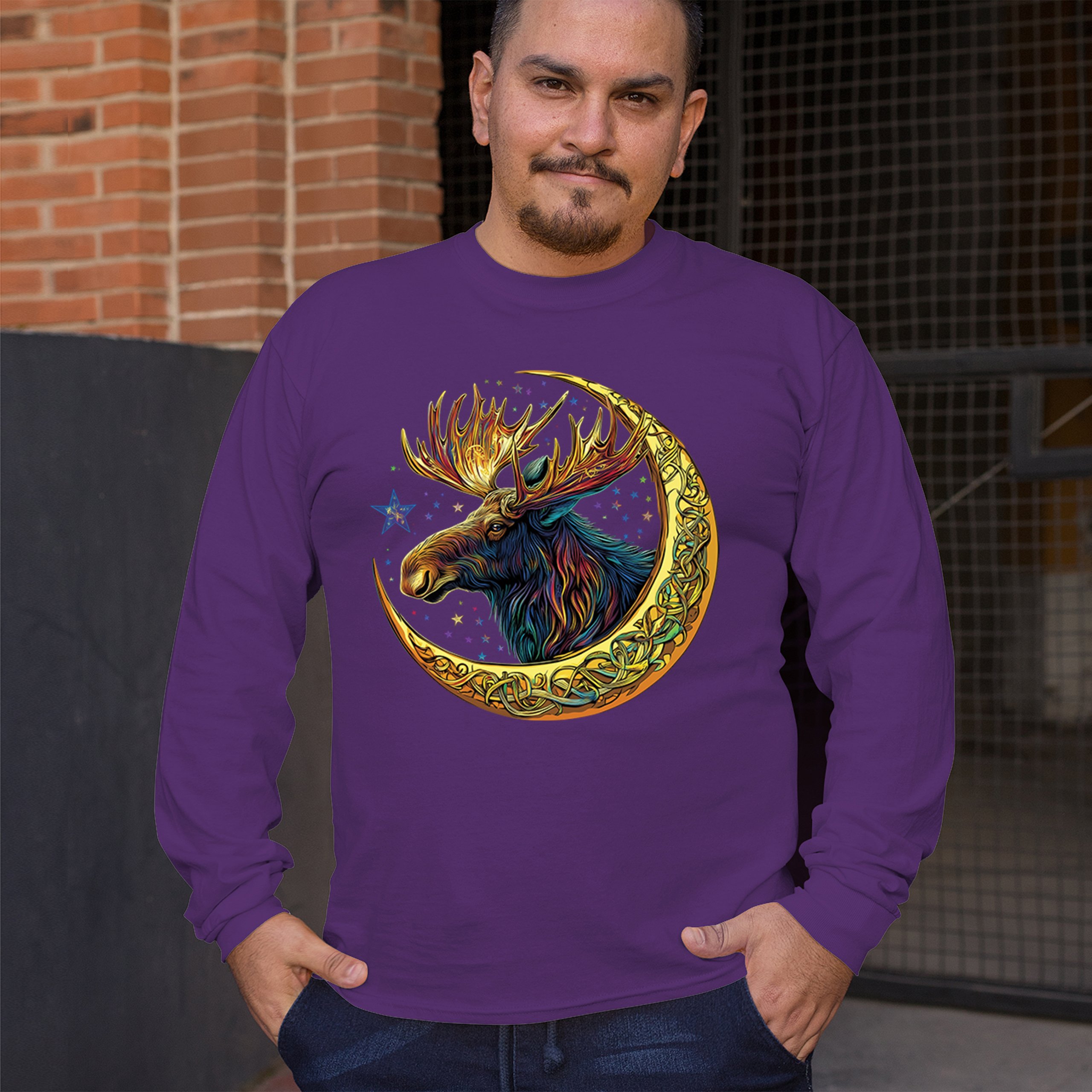 Celtic Moon Moose Long Sleeve T-shirt Mystical Beast Majestic Cosmic Wildlife - Picture 19 of 78