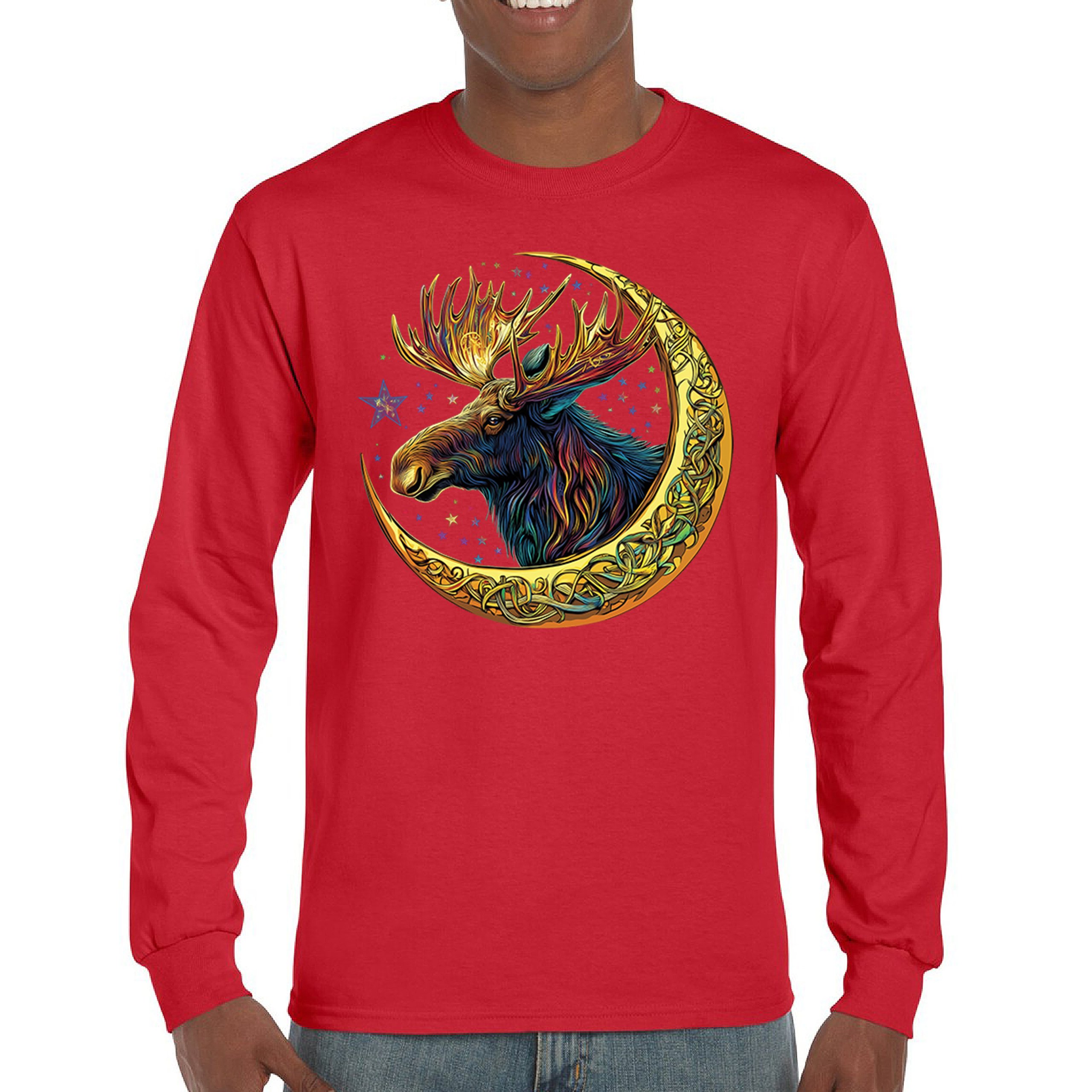 Celtic Moon Moose Long Sleeve T-shirt Mystical Beast Majestic Cosmic Wildlife - Picture 23 of 78