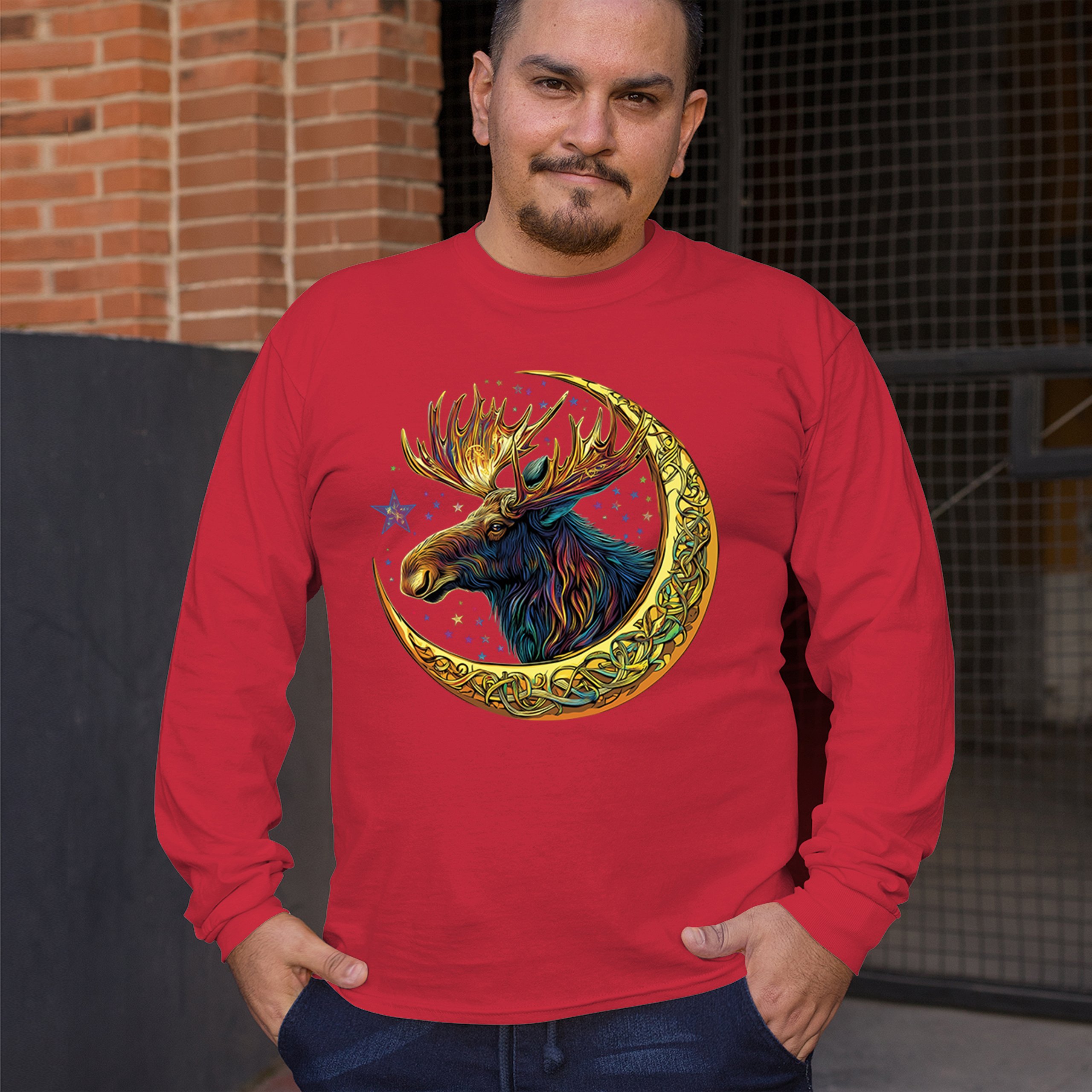 Celtic Moon Moose Long Sleeve T-shirt Mystical Beast Majestic Cosmic Wildlife - Picture 26 of 78