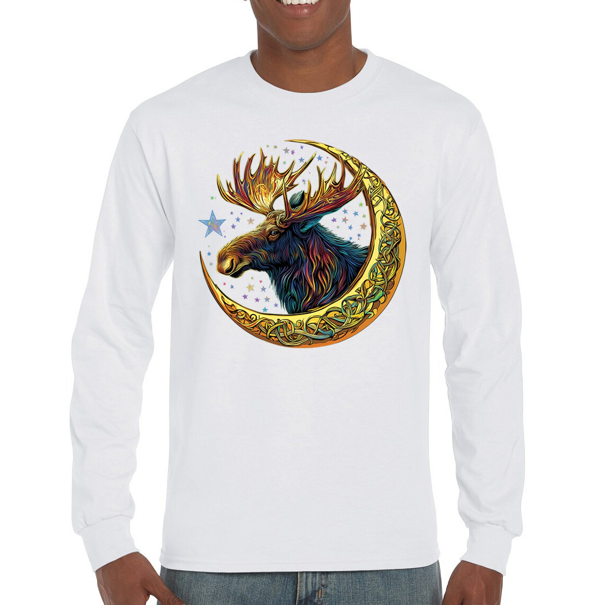 Celtic Moon Moose Long Sleeve T-shirt Mystical Beast Majestic Cosmic Wildlife - Picture 30 of 78