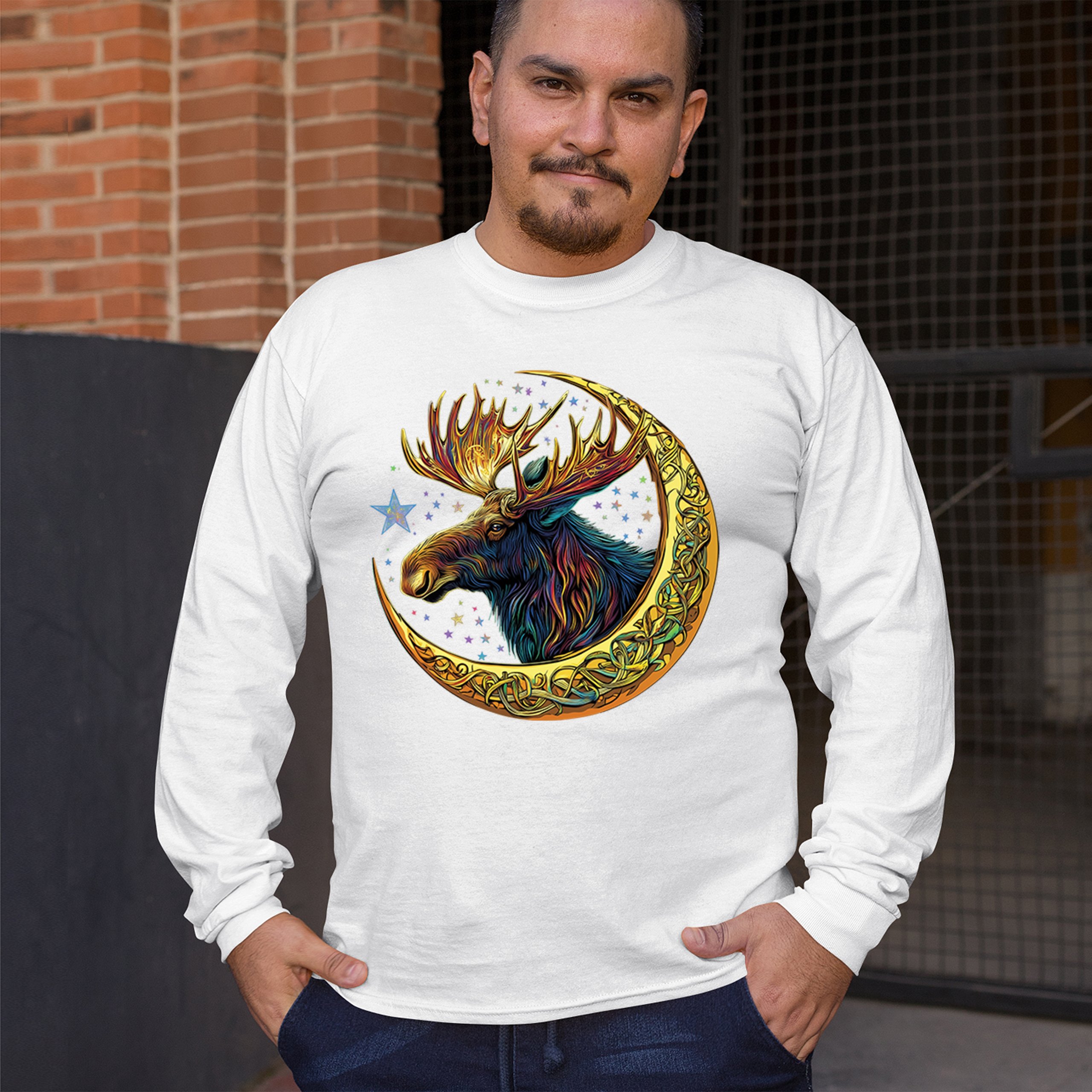 Celtic Moon Moose Long Sleeve T-shirt Mystical Beast Majestic Cosmic Wildlife - Picture 33 of 78