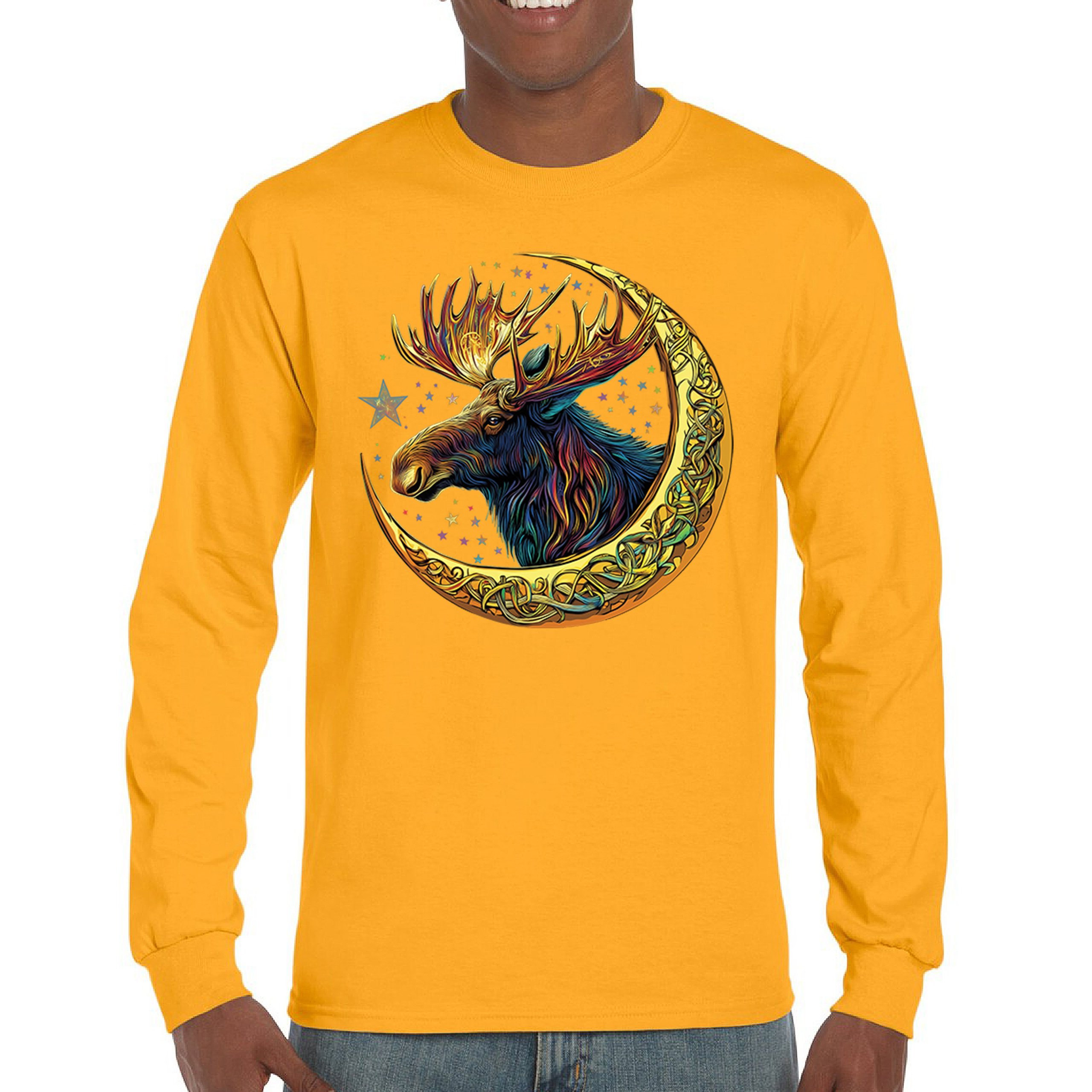 Celtic Moon Moose Long Sleeve T-shirt Mystical Beast Majestic Cosmic Wildlife - Picture 65 of 78