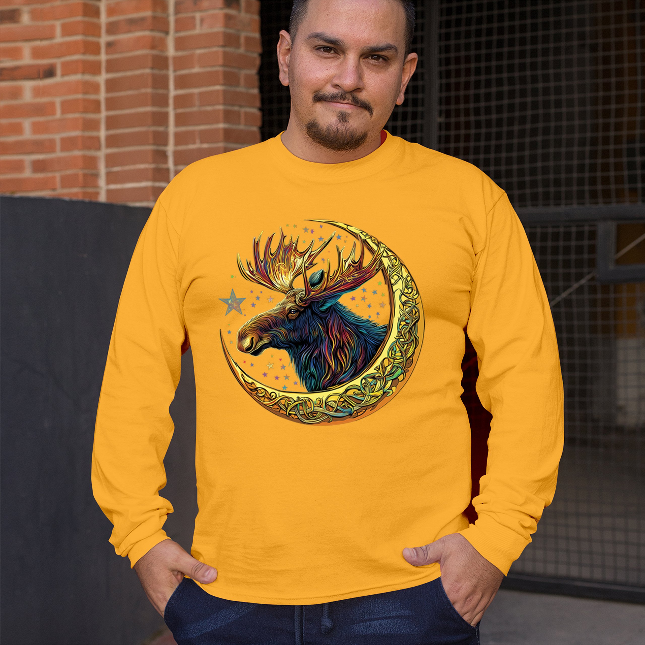 Celtic Moon Moose Long Sleeve T-shirt Mystical Beast Majestic Cosmic Wildlife - Picture 68 of 78