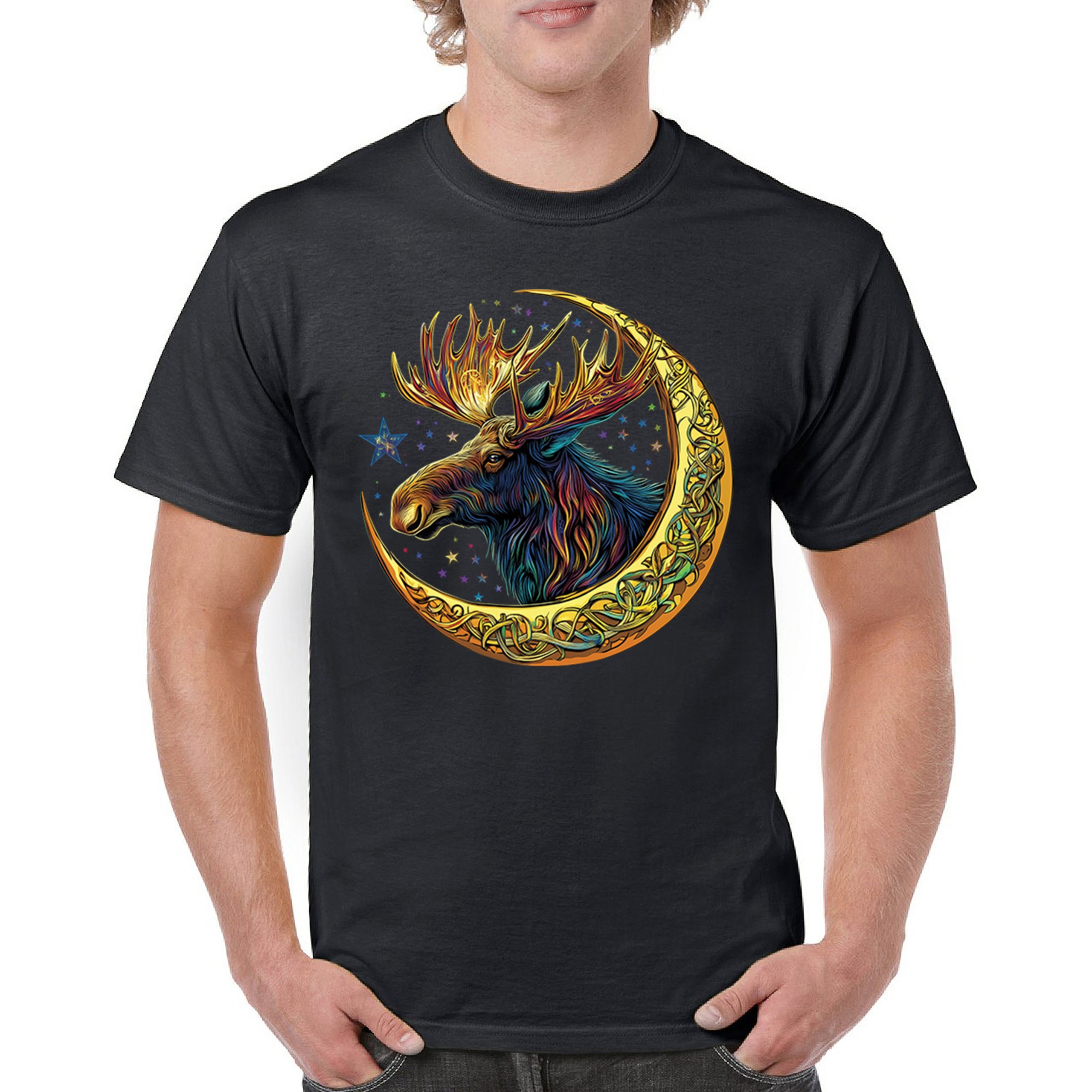 Celtic Moon Moose T-shirt Mystical Beast Majestic Cosmic Wildlife Men's Tee - Picture 2 of 113