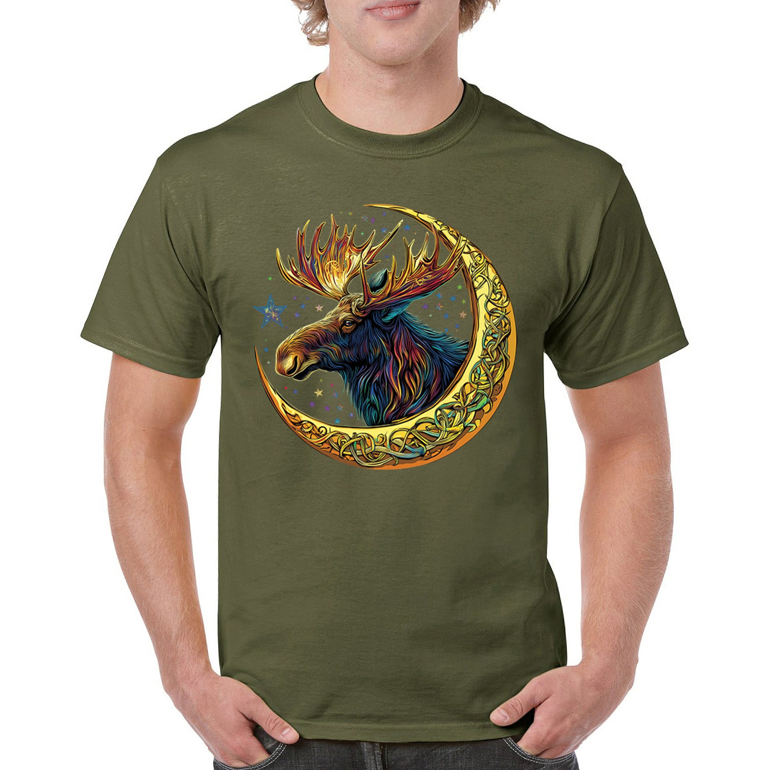 Celtic Moon Moose T-shirt Mystical Beast Majestic Cosmic Wildlife Men's Tee - Picture 93 of 113
