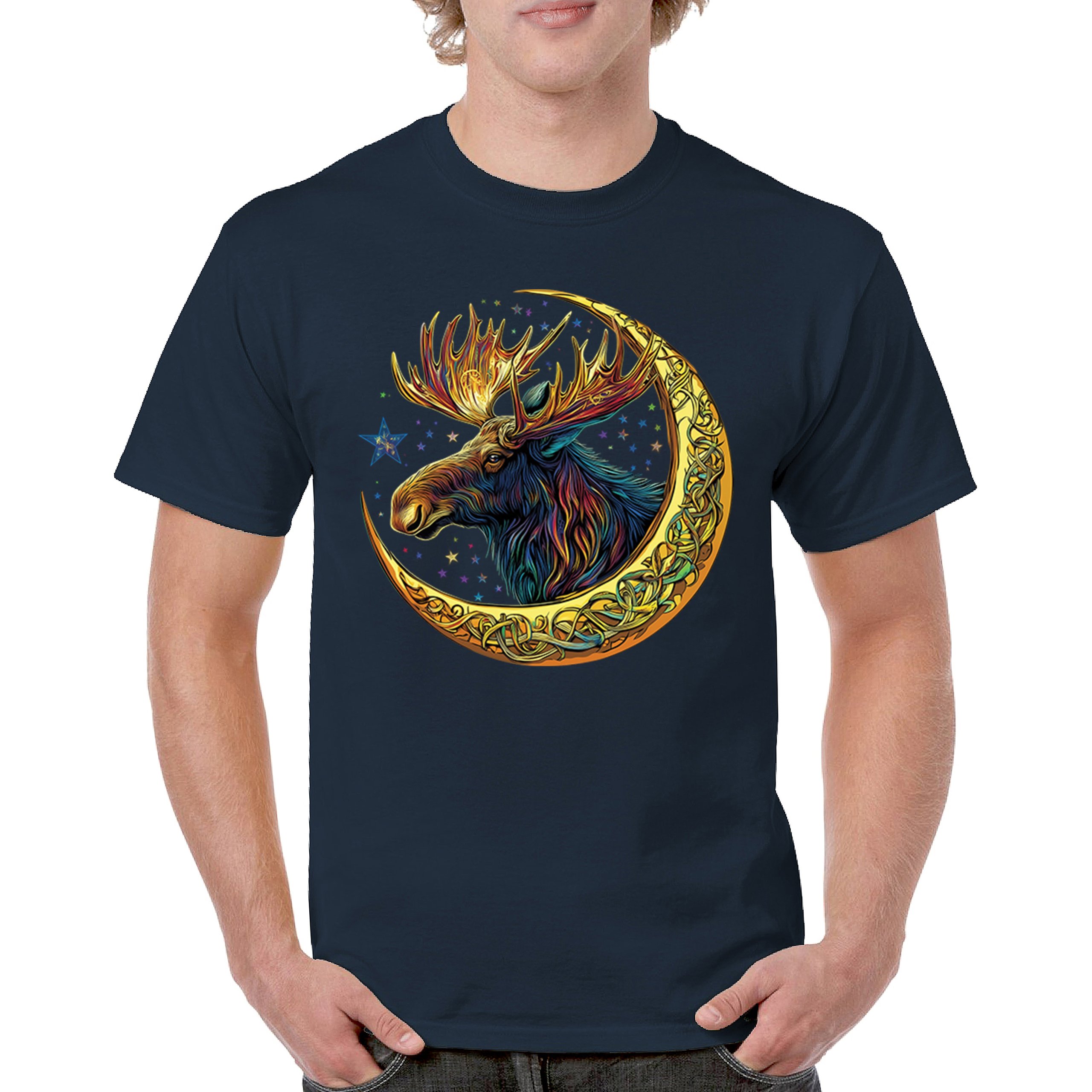 Celtic Moon Moose T-shirt Mystical Beast Majestic Cosmic Wildlife Men's Tee - Picture 51 of 113